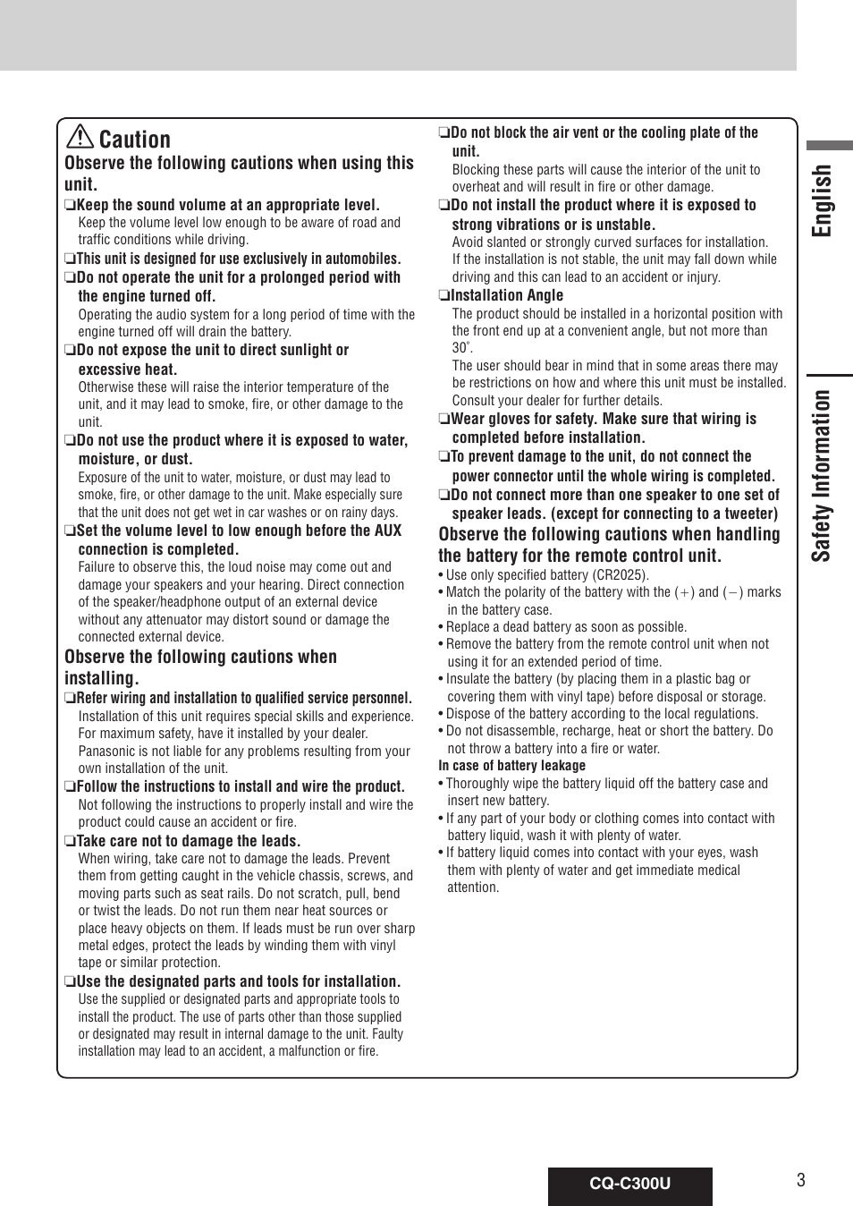 Safety information, English, Caution | Panasonic CQ-C300U User Manual | Page 3 / 88