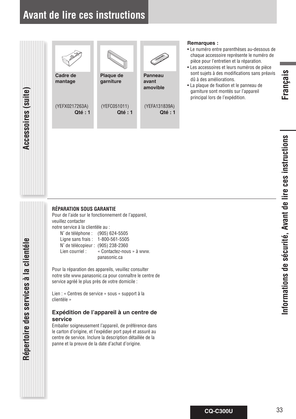 Avant de lire ces instructions, Français | Panasonic CQ-C300U User Manual | Page 33 / 88