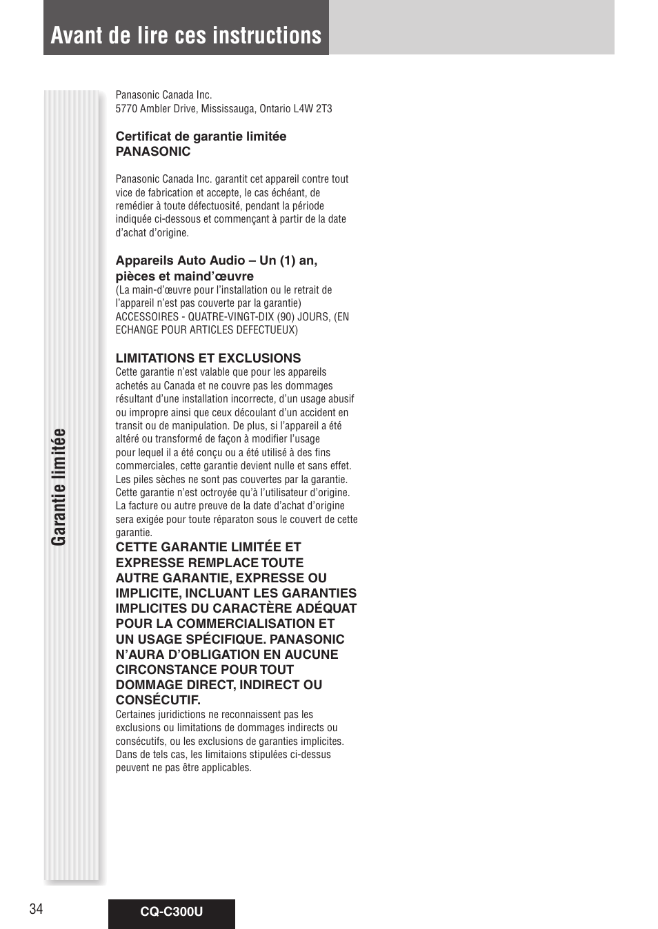 Avant de lire ces instructions, Garantie limitée | Panasonic CQ-C300U User Manual | Page 34 / 88