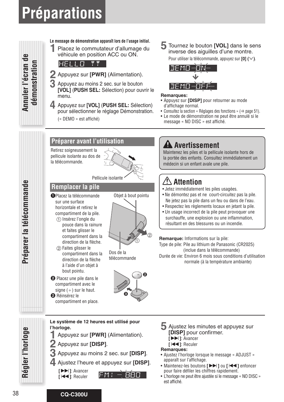 Préparations, Attention, Avertissement | Régler l’horloge | Panasonic CQ-C300U User Manual | Page 38 / 88