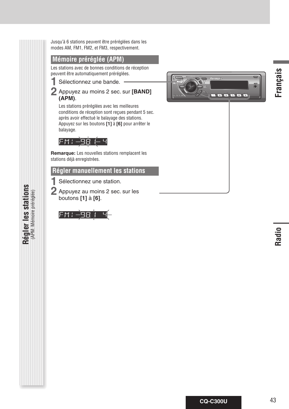 Radio, Français | Panasonic CQ-C300U User Manual | Page 43 / 88