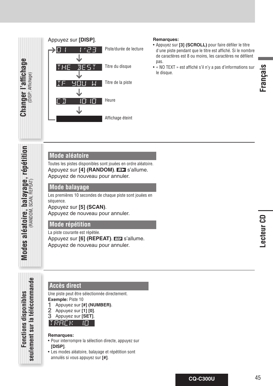 Français, Modes aléatoire, balayage, répétition, Lecteur cd changer l’affichage | Mode aléatoire, Mode balayage, Mode répétition | Panasonic CQ-C300U User Manual | Page 45 / 88