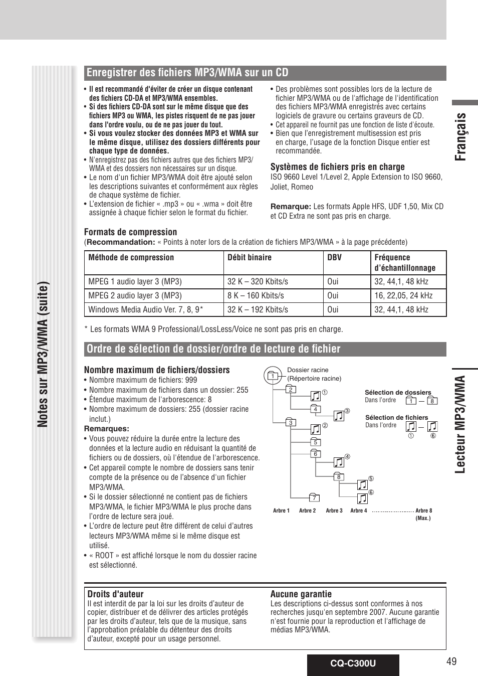 Lecteur mp3/wma, Français, Enregistrer des fichiers mp3/wma sur un cd | Panasonic CQ-C300U User Manual | Page 49 / 88