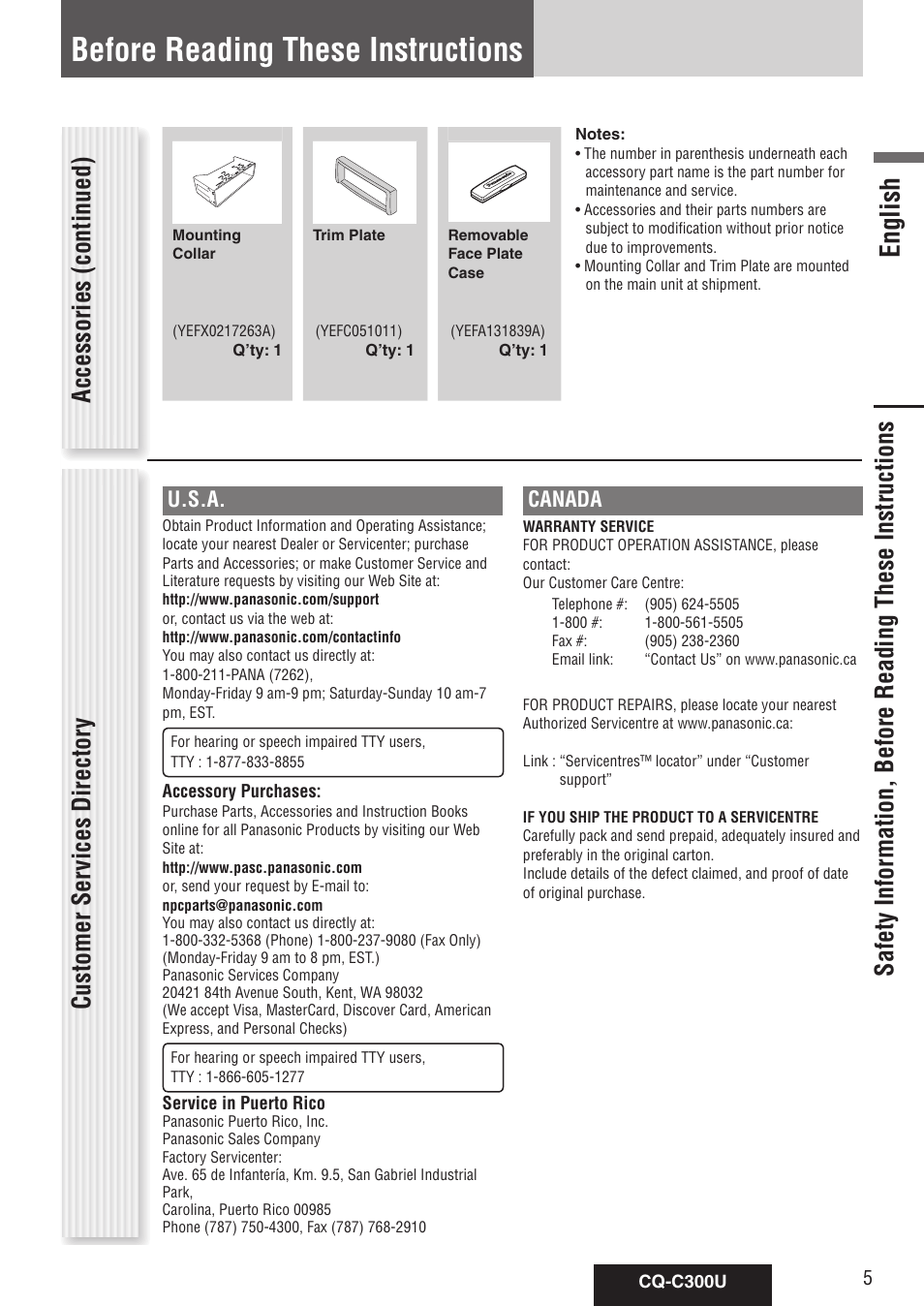 Before reading these instructions, English, Accessories (continued) | U.s.a, Canada | Panasonic CQ-C300U User Manual | Page 5 / 88