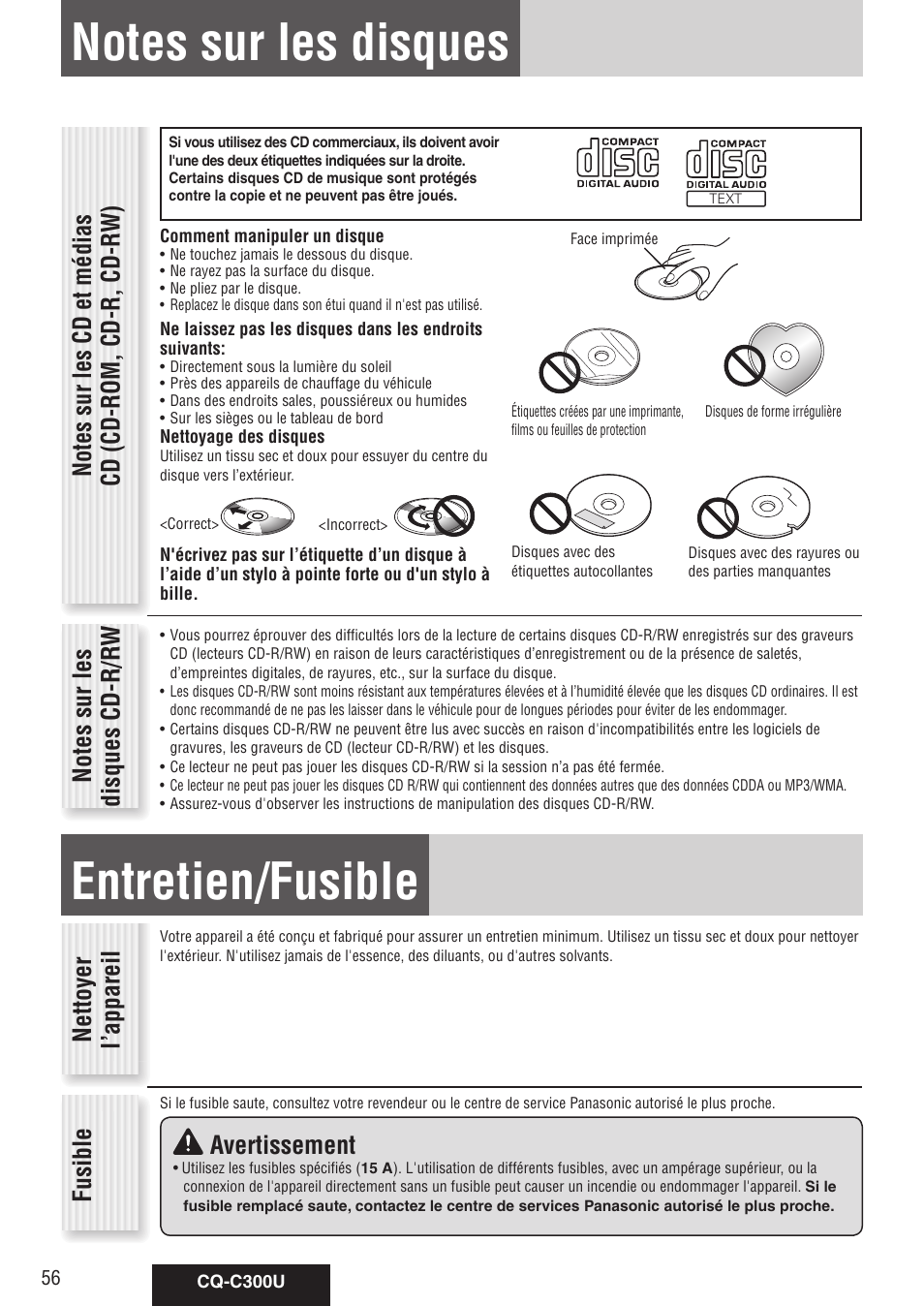 Entretien/fusible, Nettoyer l’appareil, Fusible avertissement | Panasonic CQ-C300U User Manual | Page 56 / 88