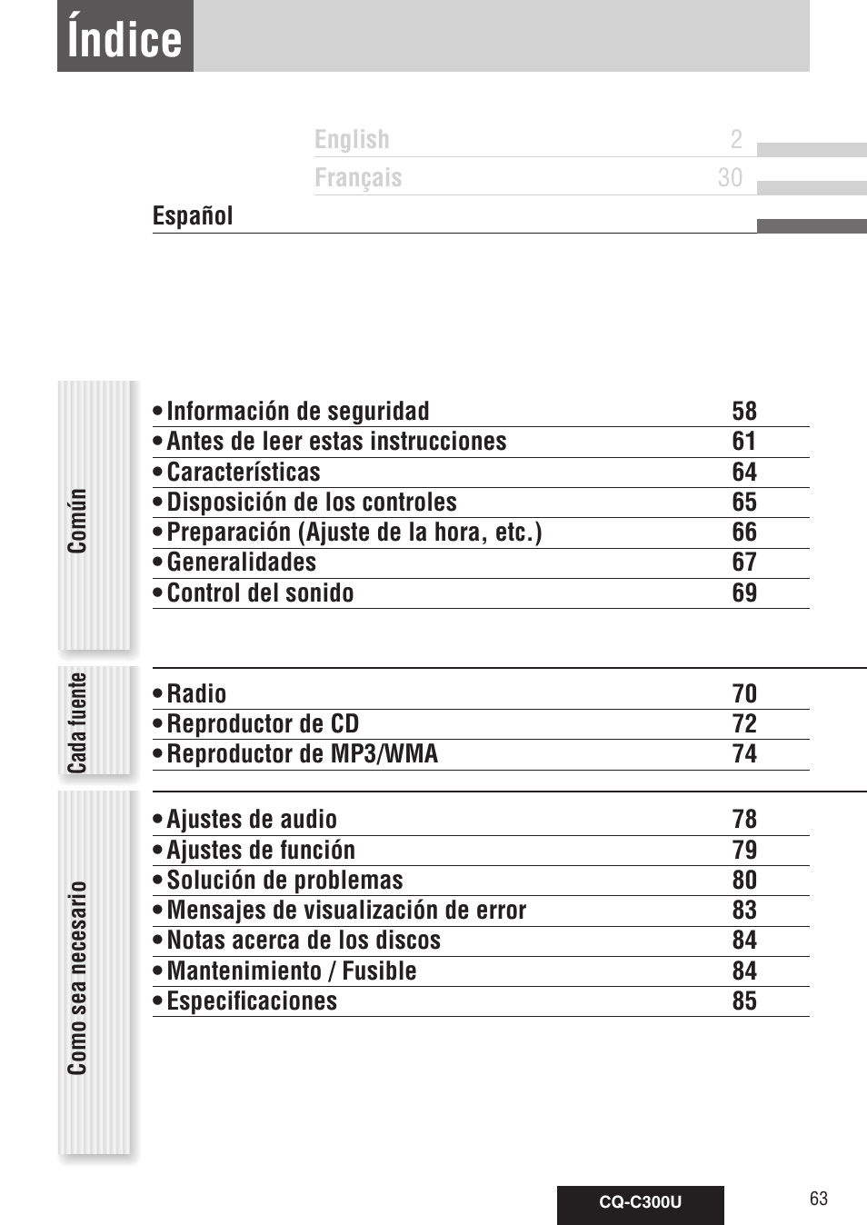 Índice | Panasonic CQ-C300U User Manual | Page 63 / 88