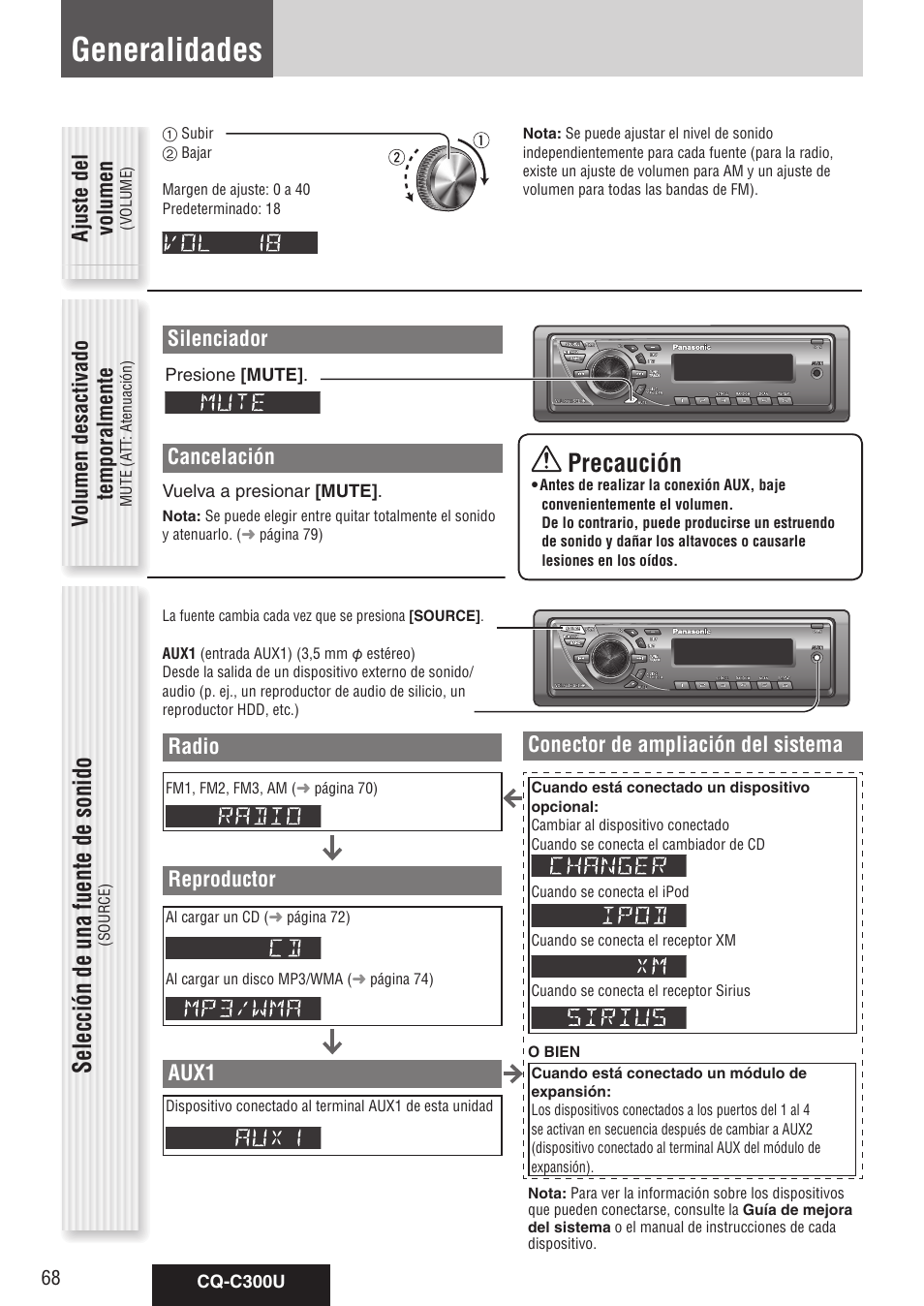 Generalidades, Selección de una fuente de sonido, Precaución | Silenciador, Cancelación, Ajuste del volumen, Volumen desactivado temporalmente, Radio, Reproductor, Aux1 | Panasonic CQ-C300U User Manual | Page 68 / 88