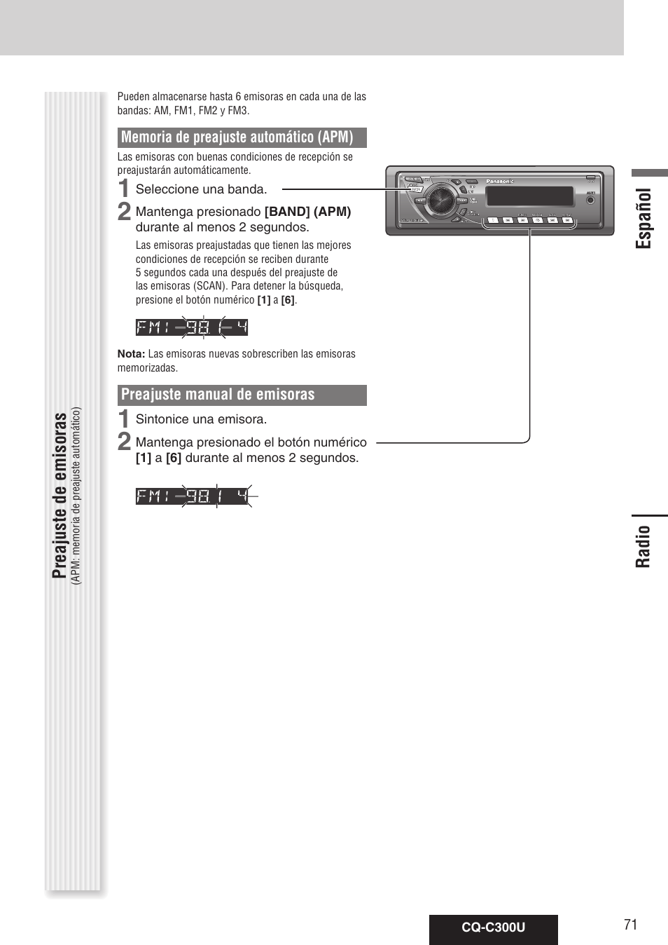 Radio, Español | Panasonic CQ-C300U User Manual | Page 71 / 88