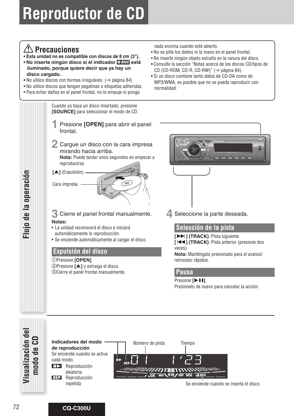 Reproductor de cd, Precauciones, Flujo de la operación | Visualización del modo de cd | Panasonic CQ-C300U User Manual | Page 72 / 88