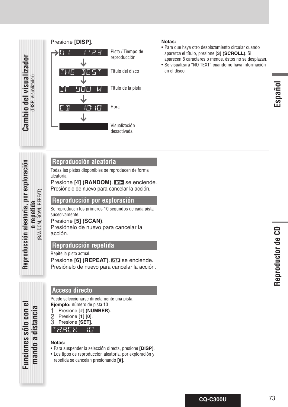 Español, Funciones sólo con el mando a distancia, Reproductor de cd cambio del visualizador | Reproducción aleatoria, Reproducción por exploración, Reproducción repetida, Acceso directo, Reproducción aleatoria, por exploración o repetida | Panasonic CQ-C300U User Manual | Page 73 / 88