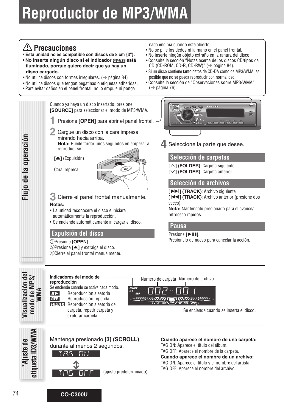 Reproductor de mp3/wma, Flujo de la operación, Precauciones | A ju st e de et iq ue ta id 3/ w m a | Panasonic CQ-C300U User Manual | Page 74 / 88