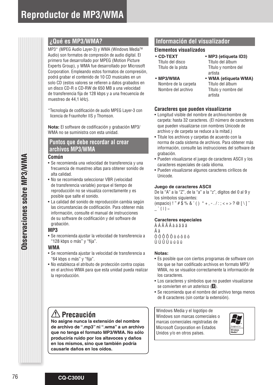 Reproductor de mp3/wma, Precaución, Obser vaciones sobre mp3/wma | Qué es mp3/wma, Puntos que debe recordar al crear archivos mp3/wma, Información del visualizador | Panasonic CQ-C300U User Manual | Page 76 / 88