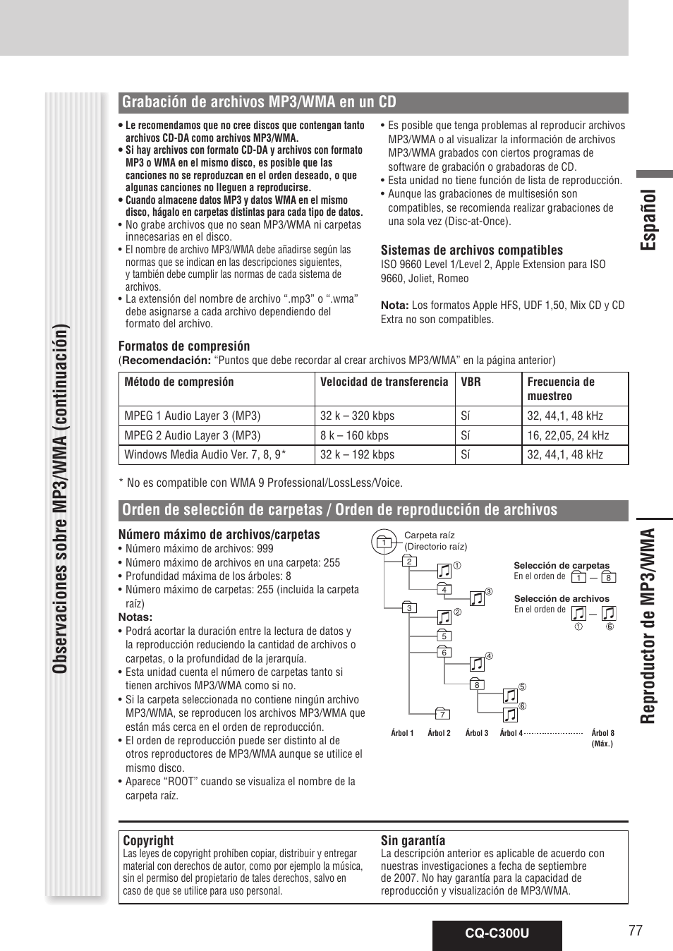 Reproductor de mp3/wma, Español, Grabación de archivos mp3/wma en un cd | Panasonic CQ-C300U User Manual | Page 77 / 88