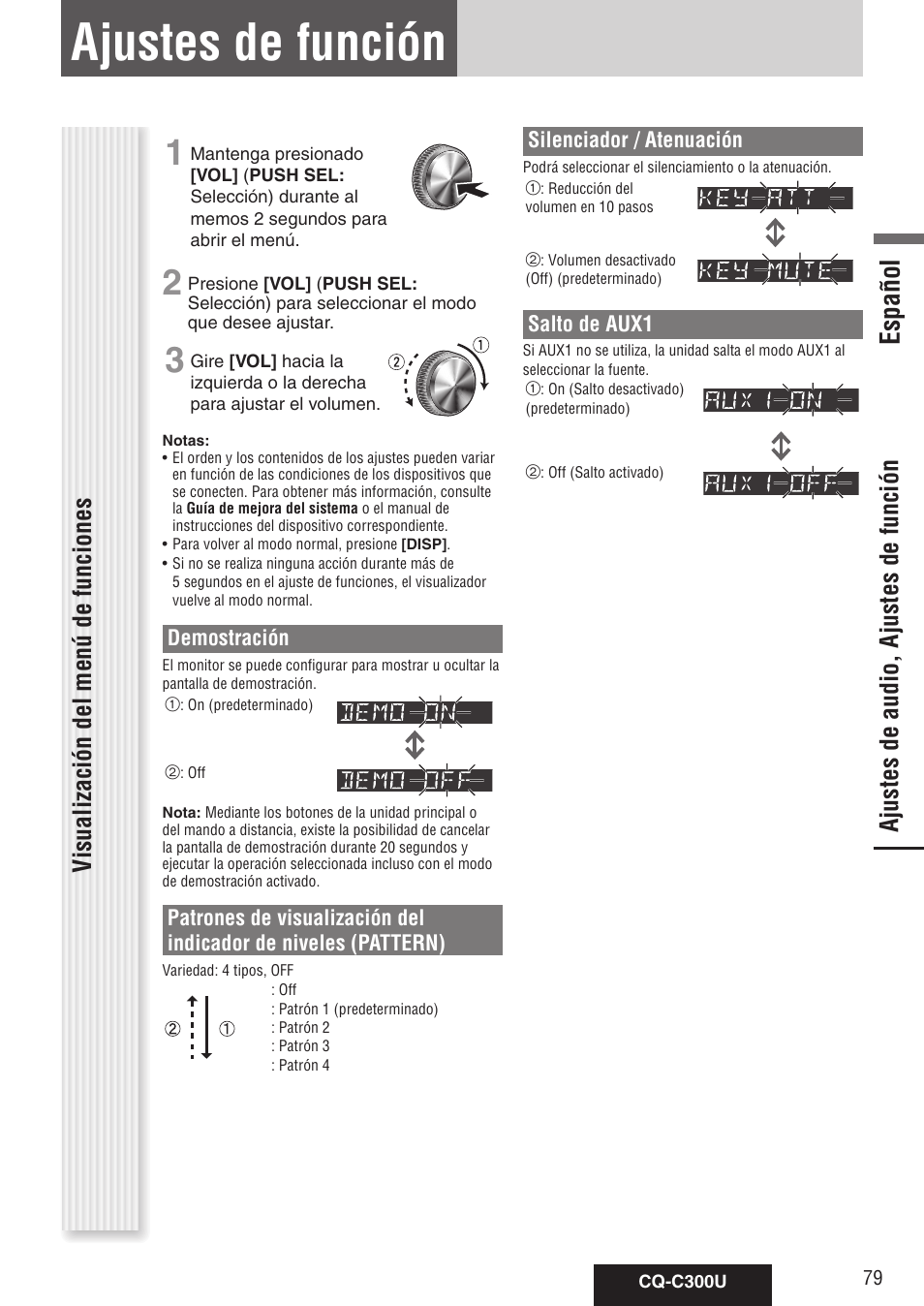 Ajustes de función, Español, Ajustes de audio, ajustes de función | Visualización del menú de funciones | Panasonic CQ-C300U User Manual | Page 79 / 88