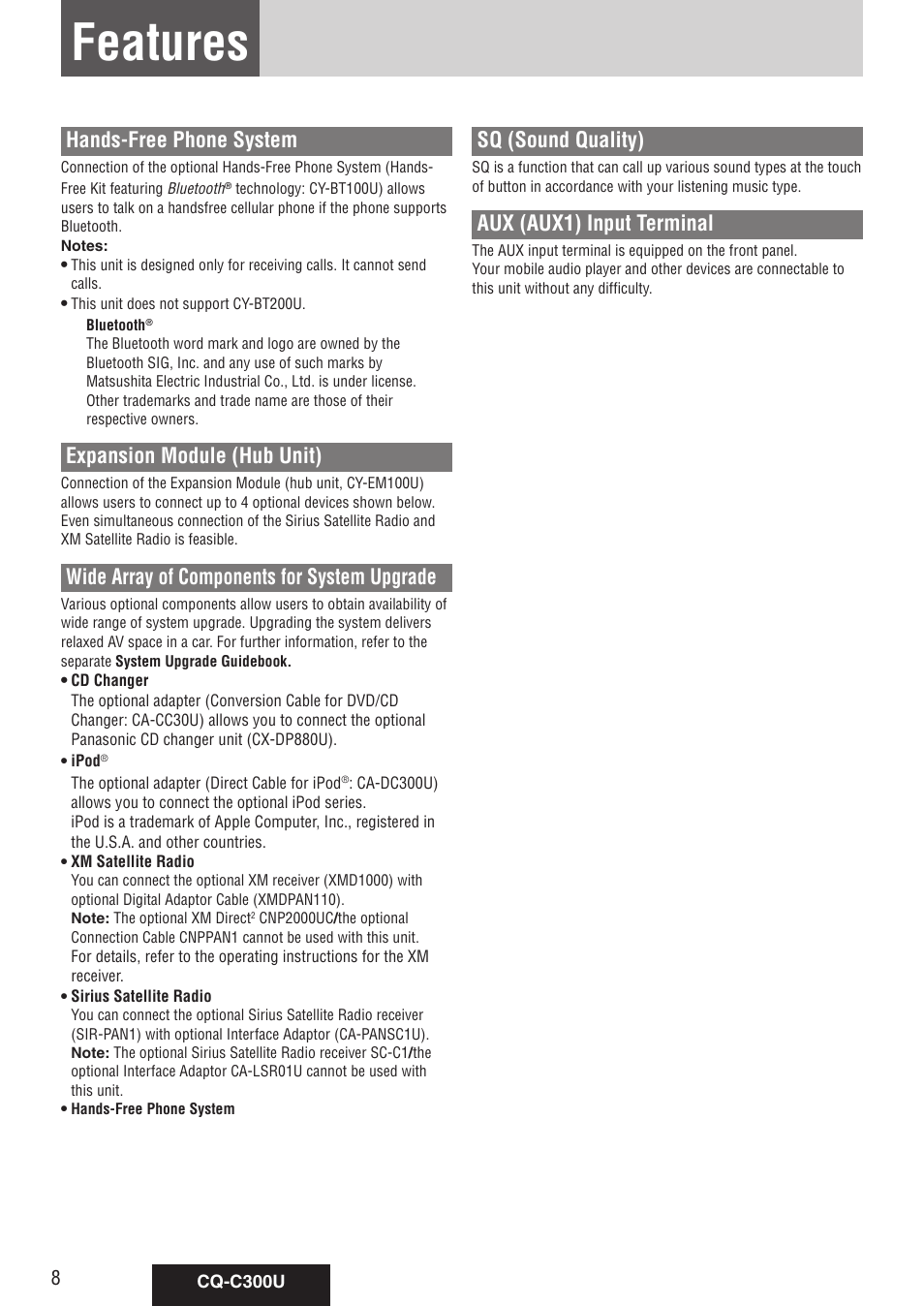 Features, Hands-free phone system, Expansion module (hub unit) | Wide array of components for system upgrade, Sq (sound quality), Aux (aux1) input terminal | Panasonic CQ-C300U User Manual | Page 8 / 88