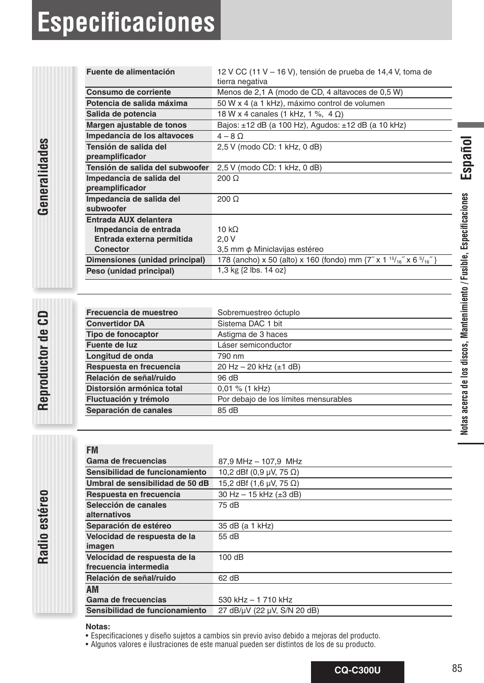 Especificaciones, Español, Generalidades reproductor de cd | Radio estéreo | Panasonic CQ-C300U User Manual | Page 85 / 88