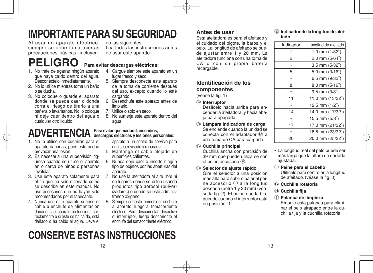 Importante para su seguridad, Peligro, Advertencia | Conserve estas instrucciones | Panasonic ER224 User Manual | Page 7 / 10