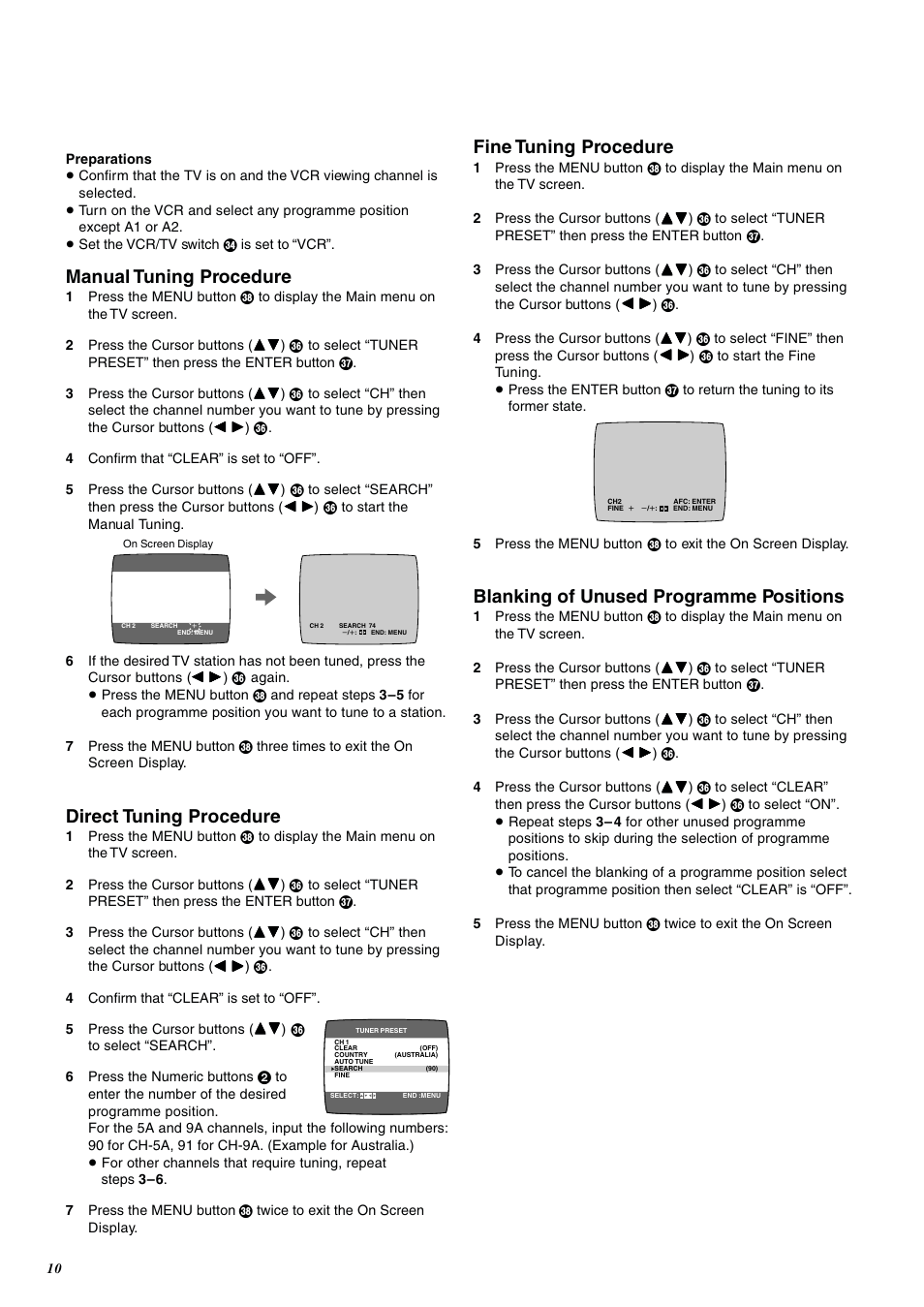 Manual tuning procedure, Direct tuning procedure, Fine tuning procedure | Blanking of unused programme positions | Panasonic NV-SJ400A User Manual | Page 10 / 34