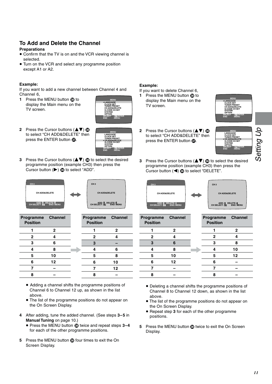 To add and delete the channel, Setting up | Panasonic NV-SJ400A User Manual | Page 11 / 34