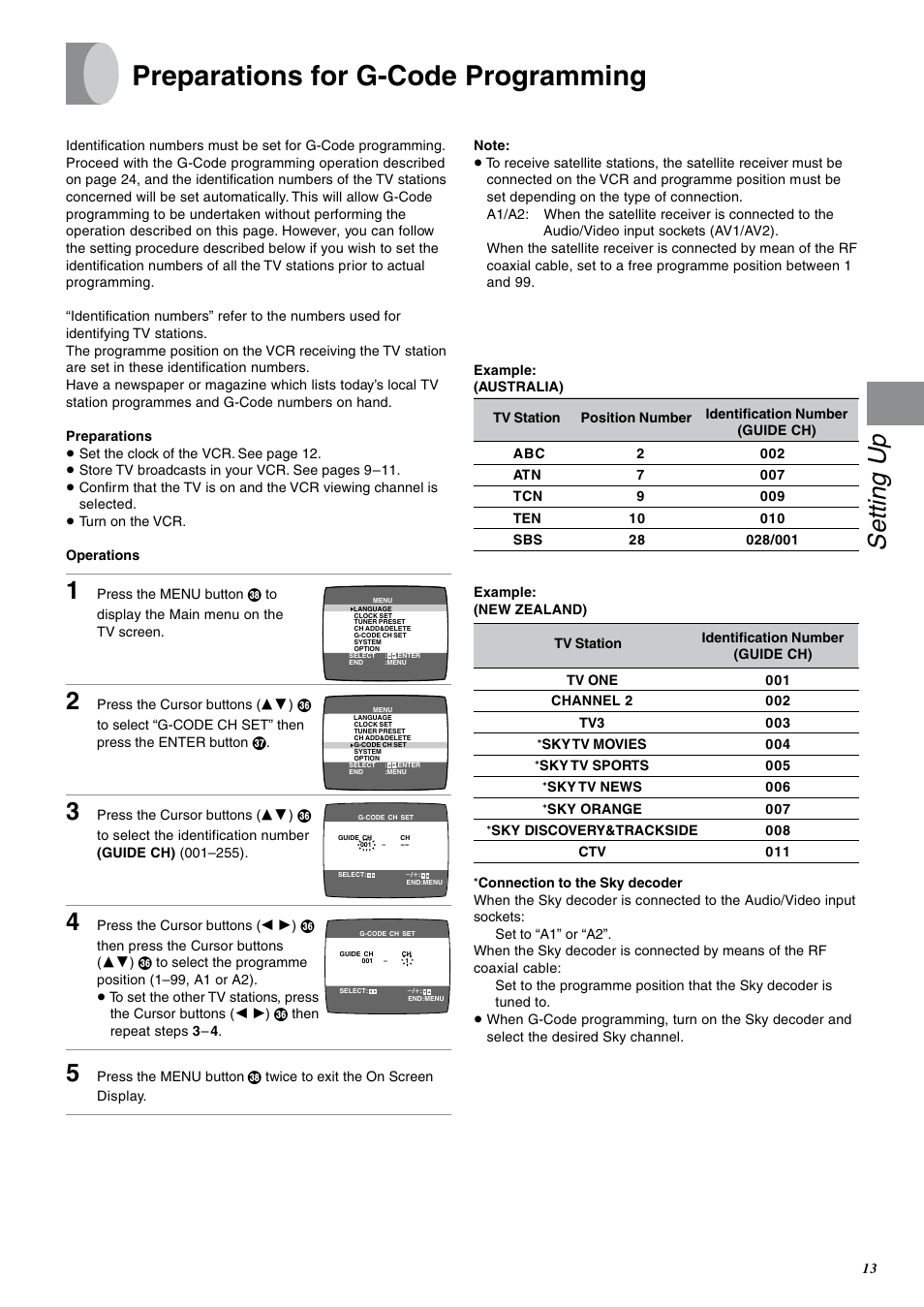 Preparations for g-code programming, Setting up | Panasonic NV-SJ400A User Manual | Page 13 / 34