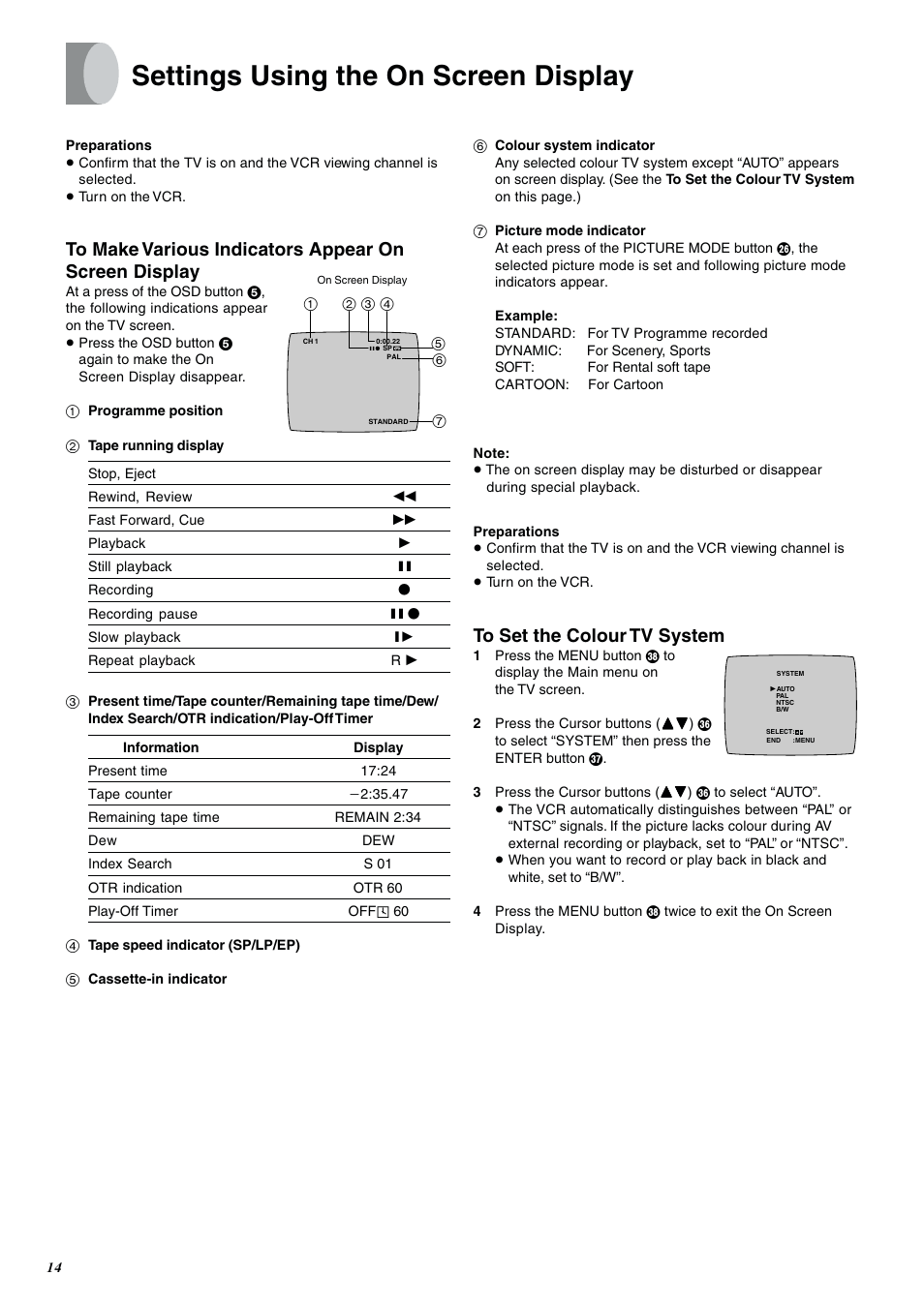 Settings using the on screen display | Panasonic NV-SJ400A User Manual | Page 14 / 34