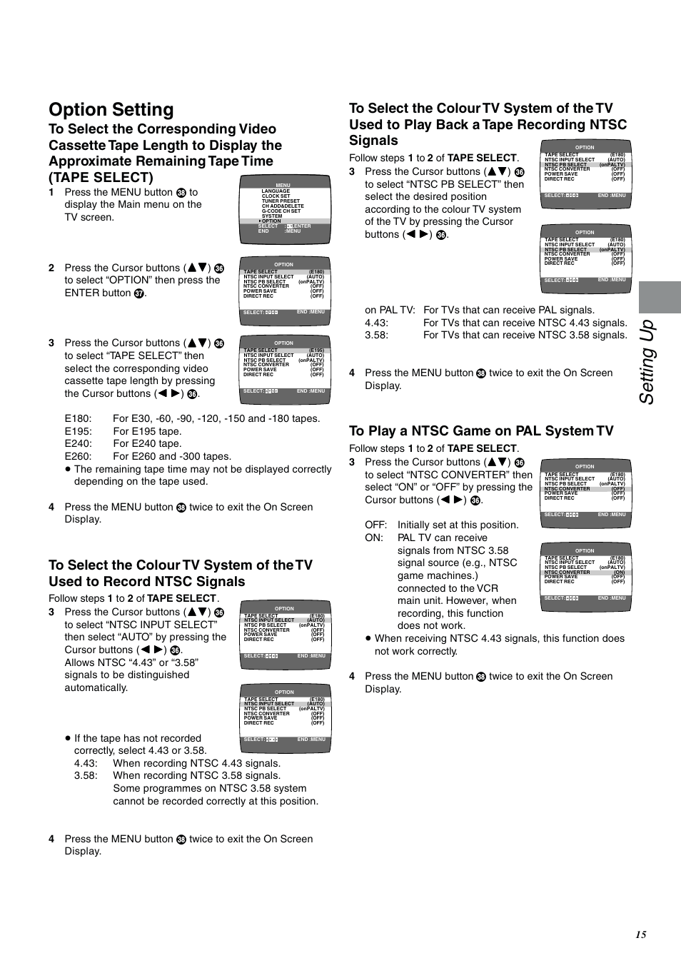 Option setting, To play a ntsc game on pal system tv, Setting up | Panasonic NV-SJ400A User Manual | Page 15 / 34