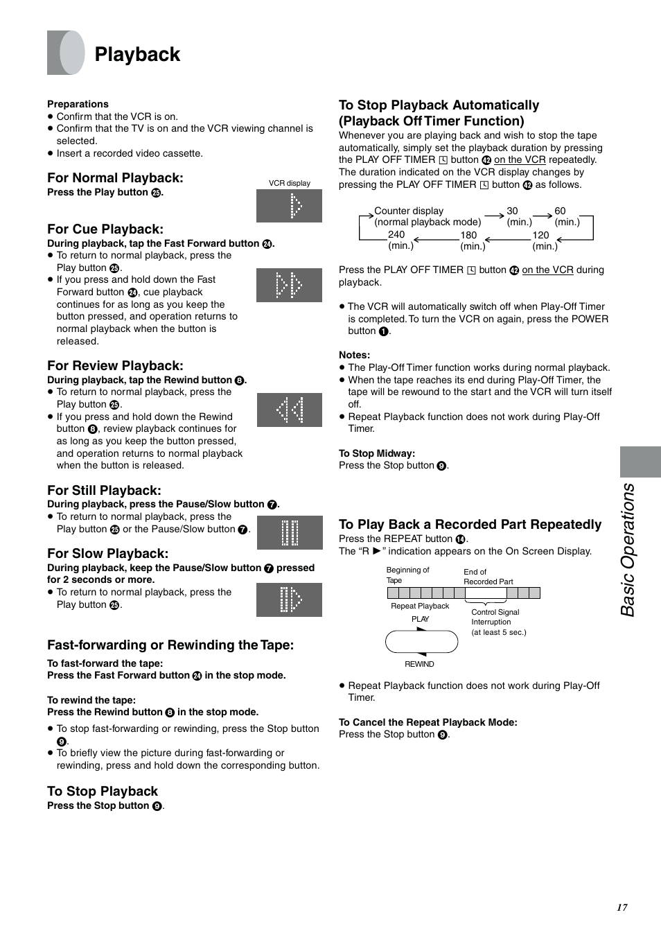 Basic operations, Playback, For normal playback | For cue playback, For review playback, For still playback, For slow playback, Fast-forwarding or rewinding the tape | Panasonic NV-SJ400A User Manual | Page 17 / 34