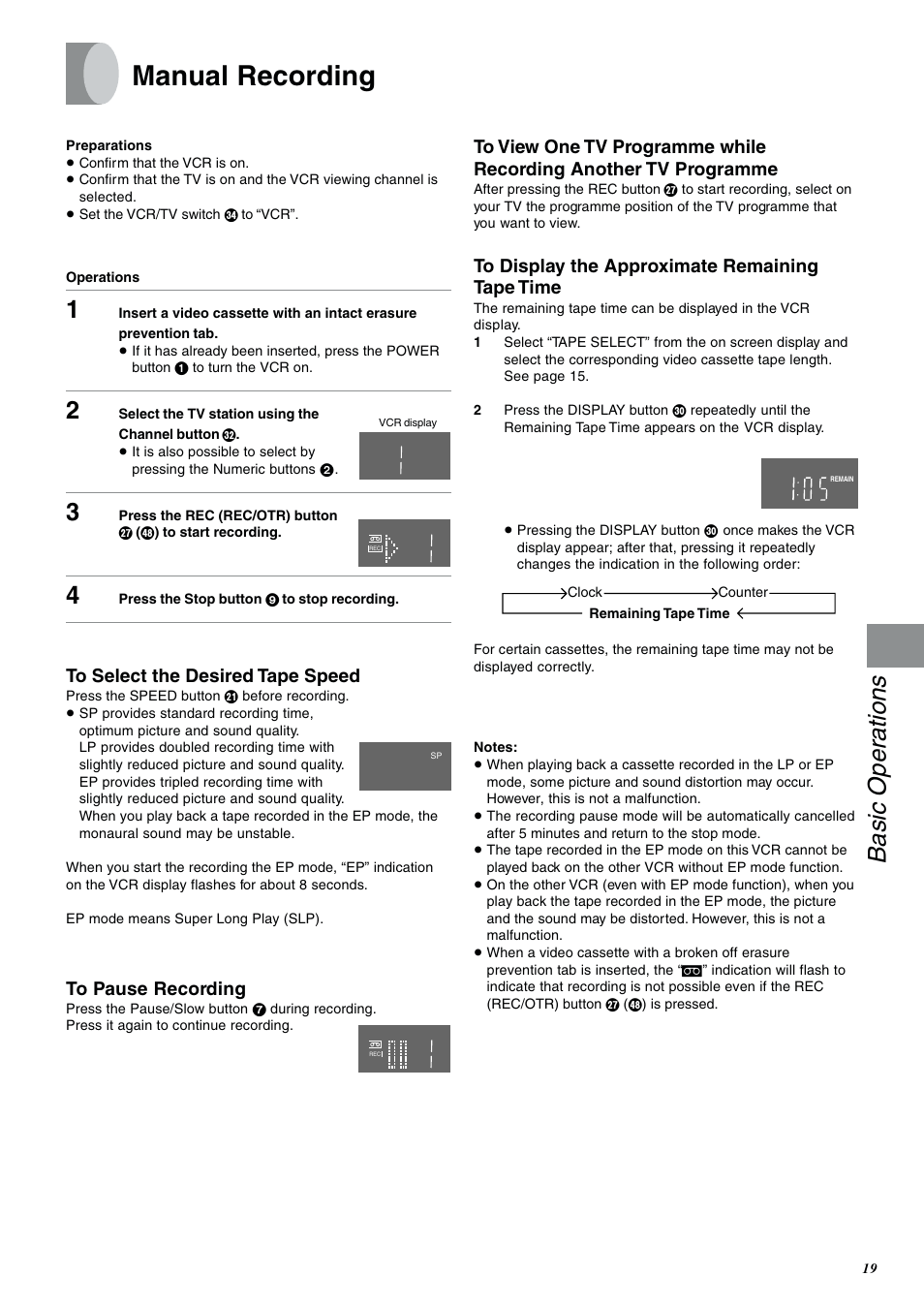 Manual recording, Basic operations | Panasonic NV-SJ400A User Manual | Page 19 / 34