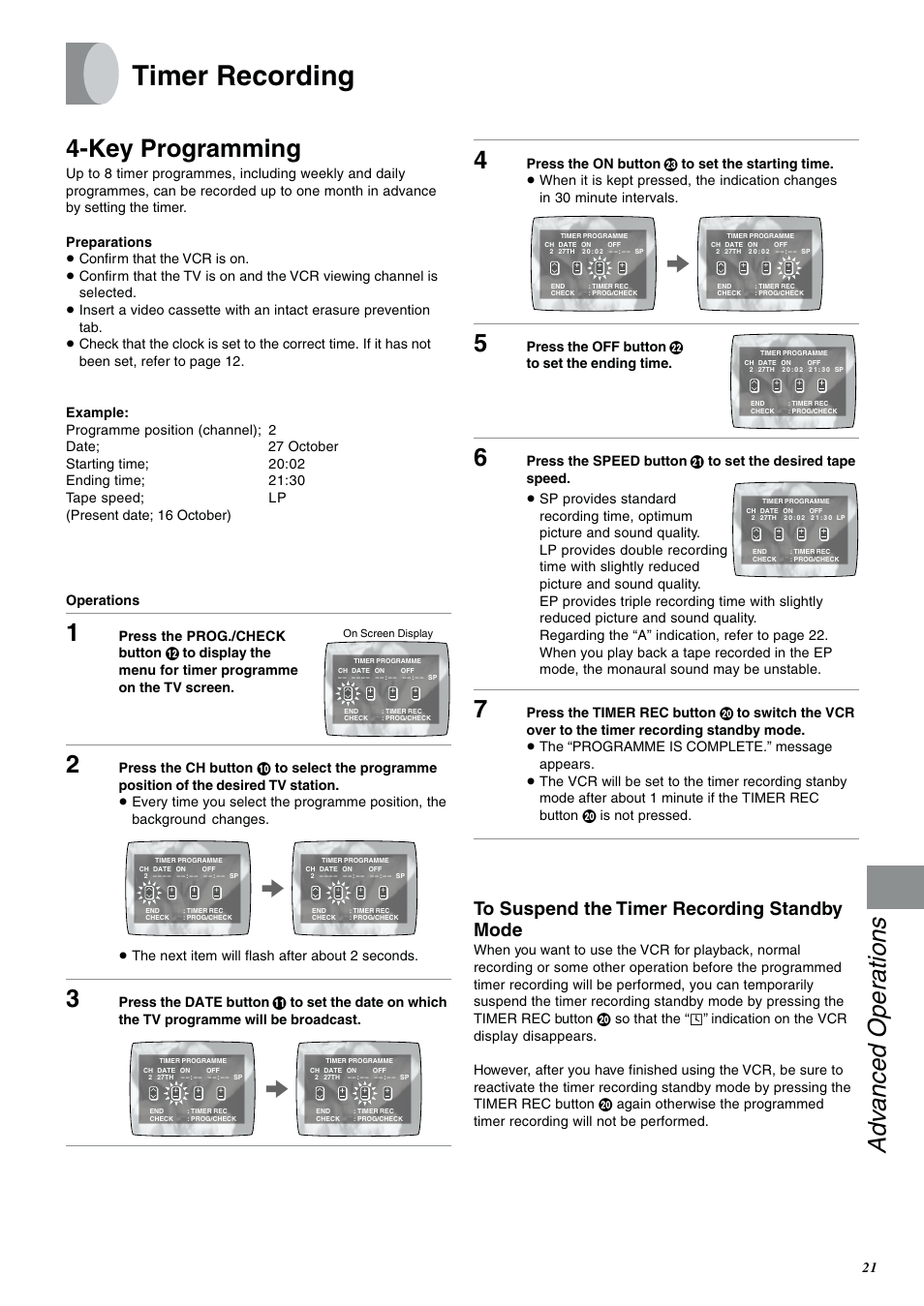 Advanced operations, Timer recording, Key programming | Adv anced operations, Press the off button f to set the ending time | Panasonic NV-SJ400A User Manual | Page 21 / 34