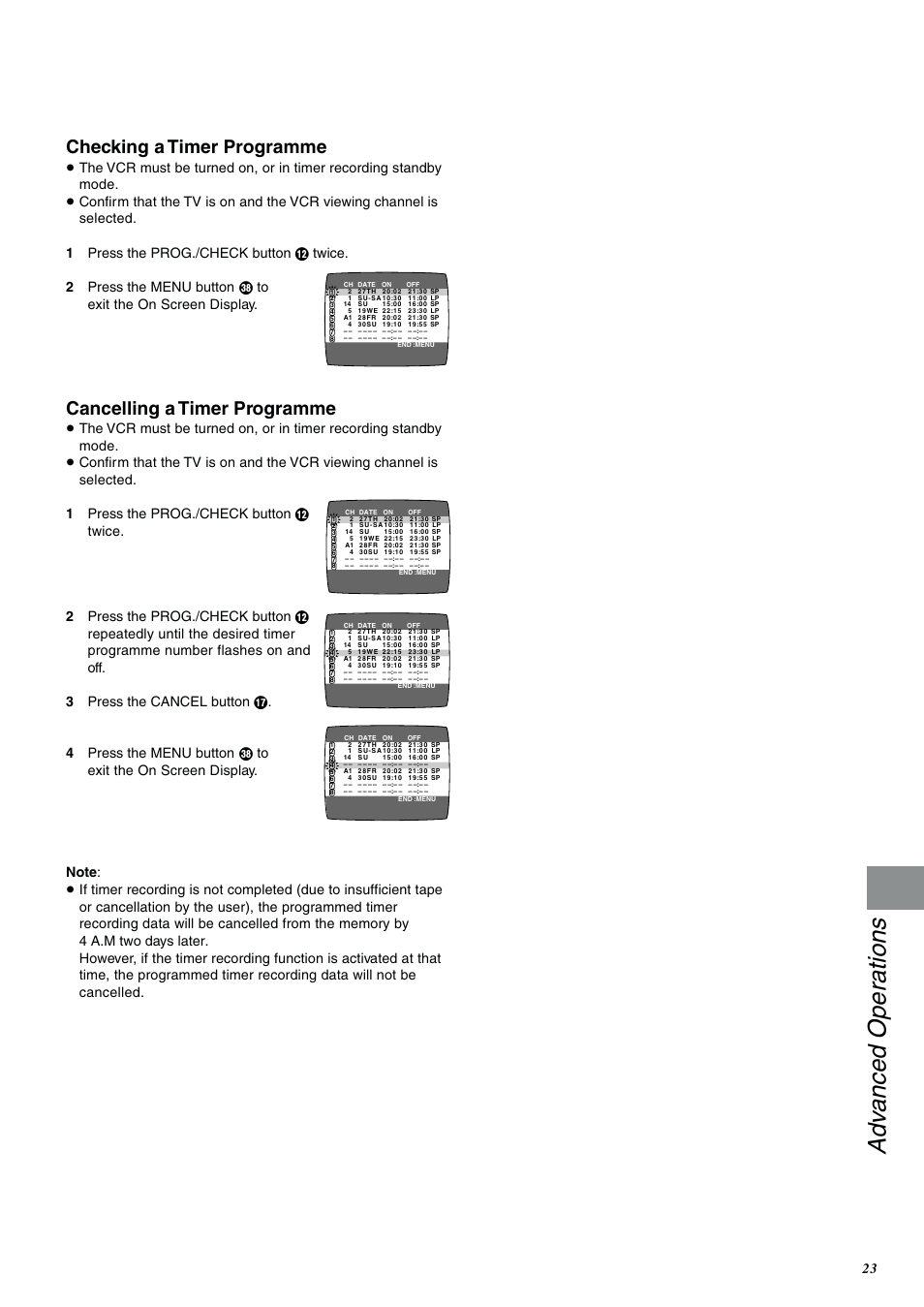 Adv anced operations, Checking a timer programme, Cancelling a timer programme | Panasonic NV-SJ400A User Manual | Page 23 / 34