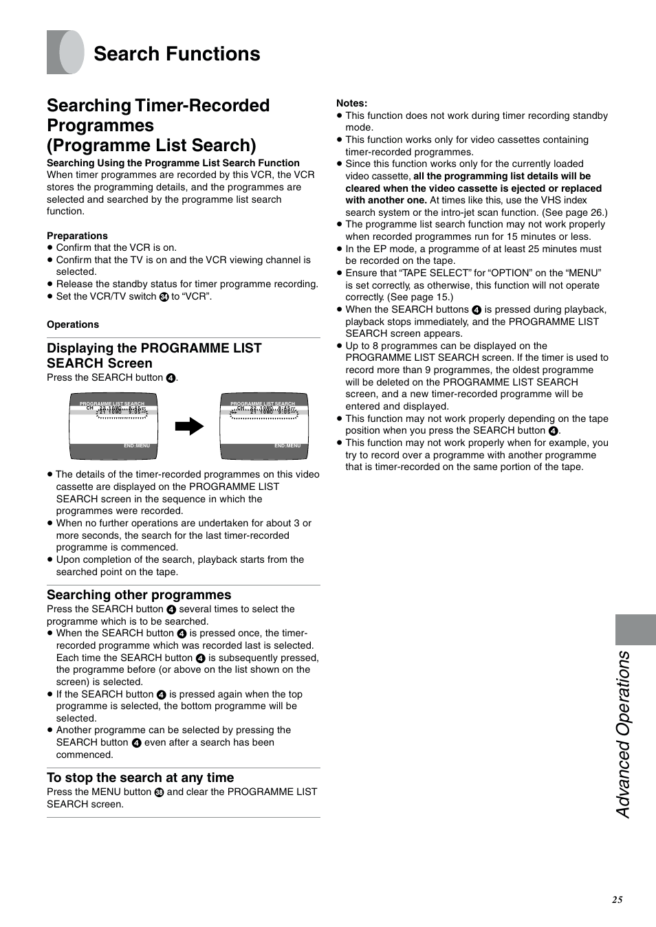 Search functions, Adv anced operations, Displaying the programme list search screen | Searching other programmes | Panasonic NV-SJ400A User Manual | Page 25 / 34
