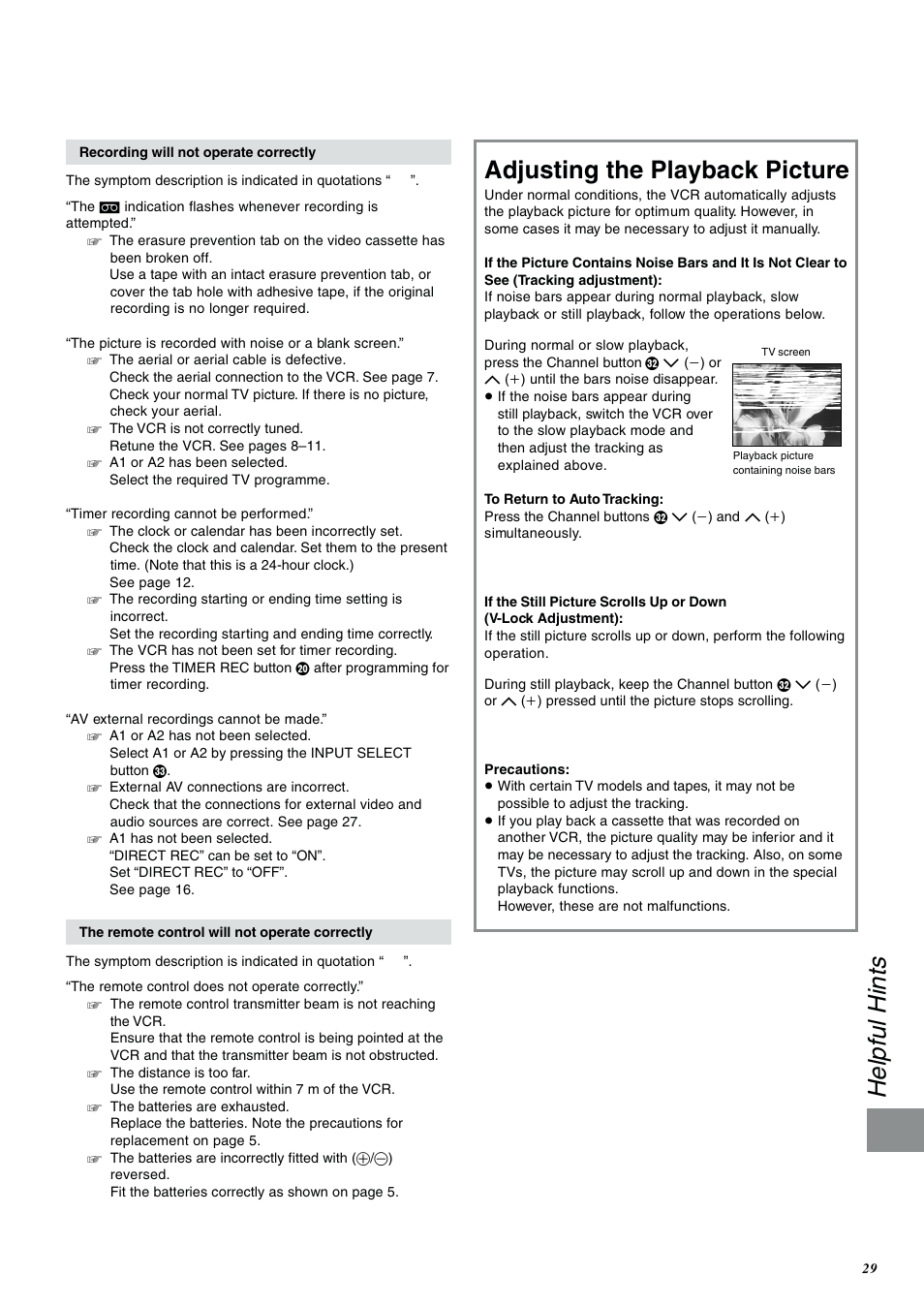 Adjusting the playback picture, Helpful hints | Panasonic NV-SJ400A User Manual | Page 29 / 34
