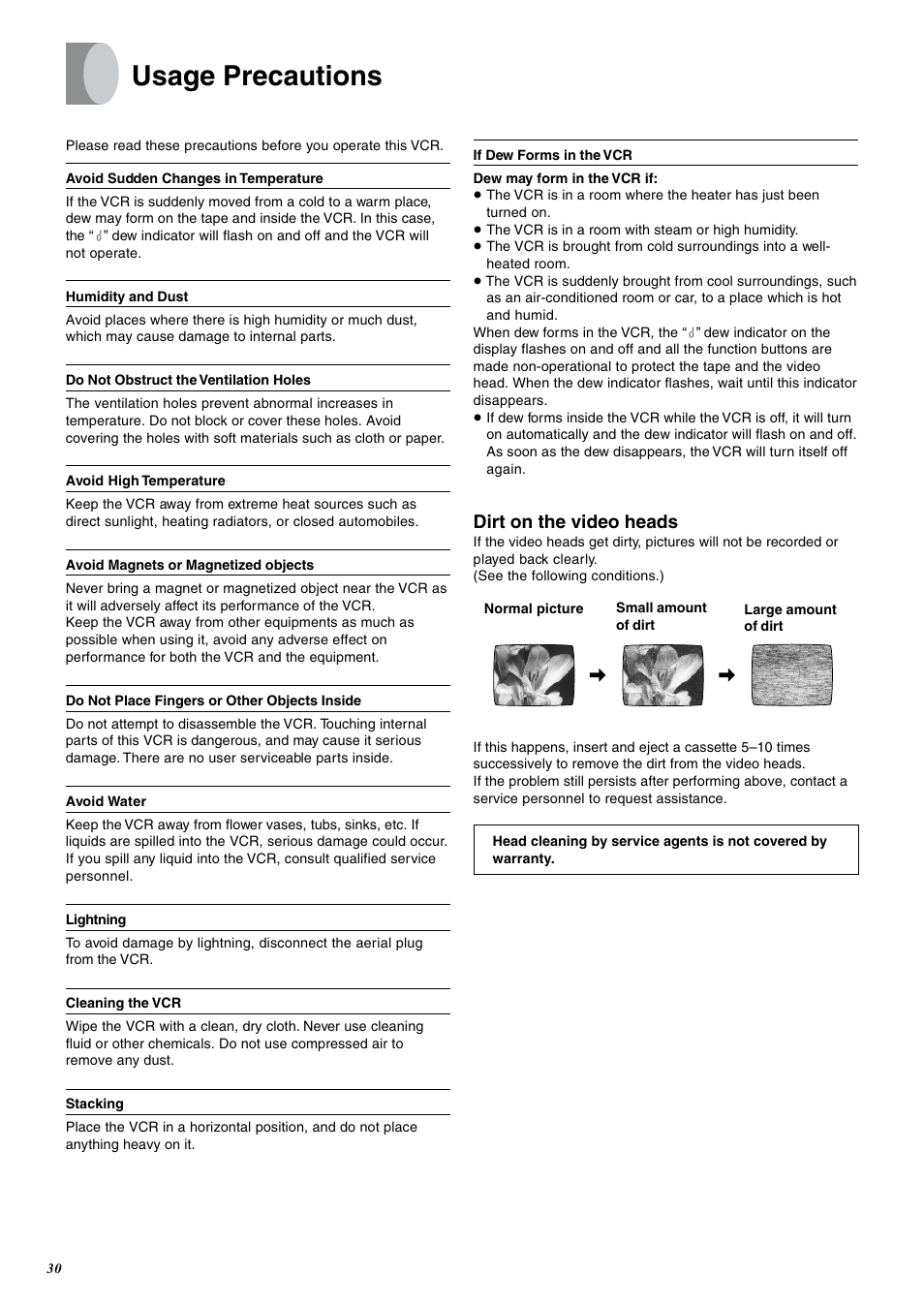 Usage precautions, Dirt on the video heads | Panasonic NV-SJ400A User Manual | Page 30 / 34