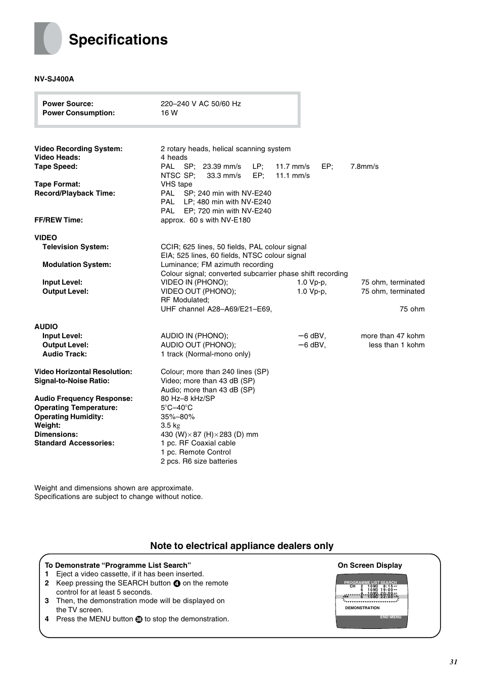 Specifications | Panasonic NV-SJ400A User Manual | Page 31 / 34