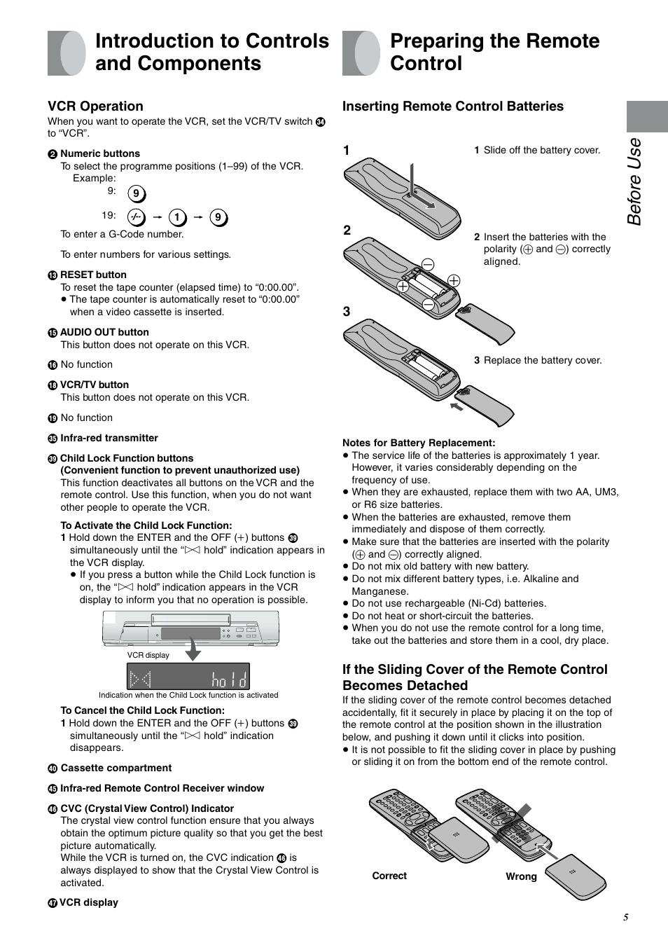 Introduction to controls and components, Preparing the remote control, Bef ore use | Vcr operation, Inserting remote control batteries | Panasonic NV-SJ400A User Manual | Page 5 / 34