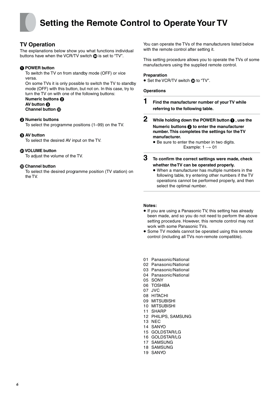 Setting up, Setting the remote control to operate your tv, Tv operation | Panasonic NV-SJ400A User Manual | Page 6 / 34