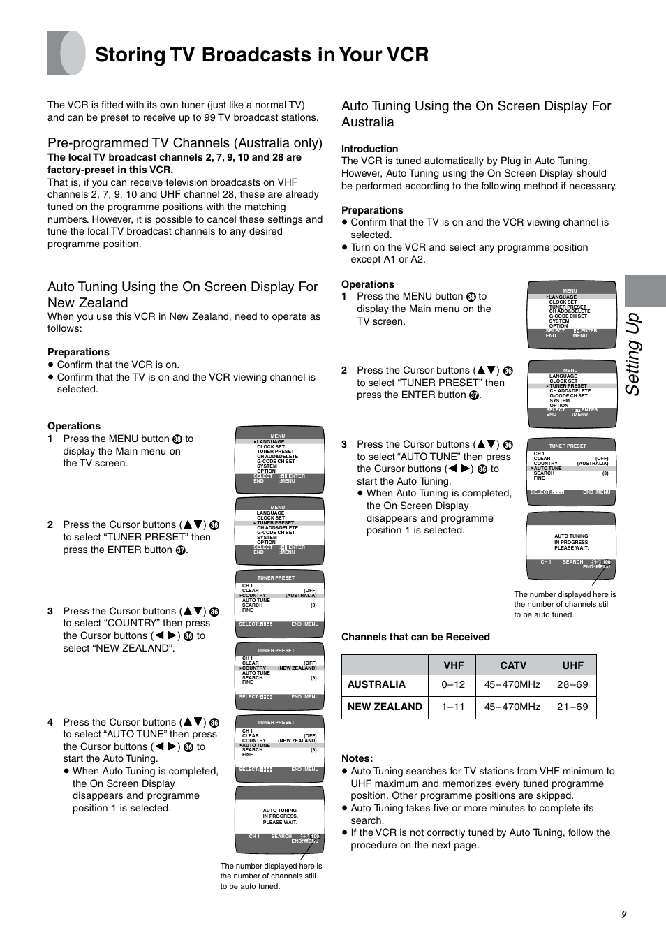 Storing tv broadcasts in your vcr, Preprogrammed tv channels (australia only), Setting up | Pre-programmed tv channels (australia only) | Panasonic NV-SJ400A User Manual | Page 9 / 34