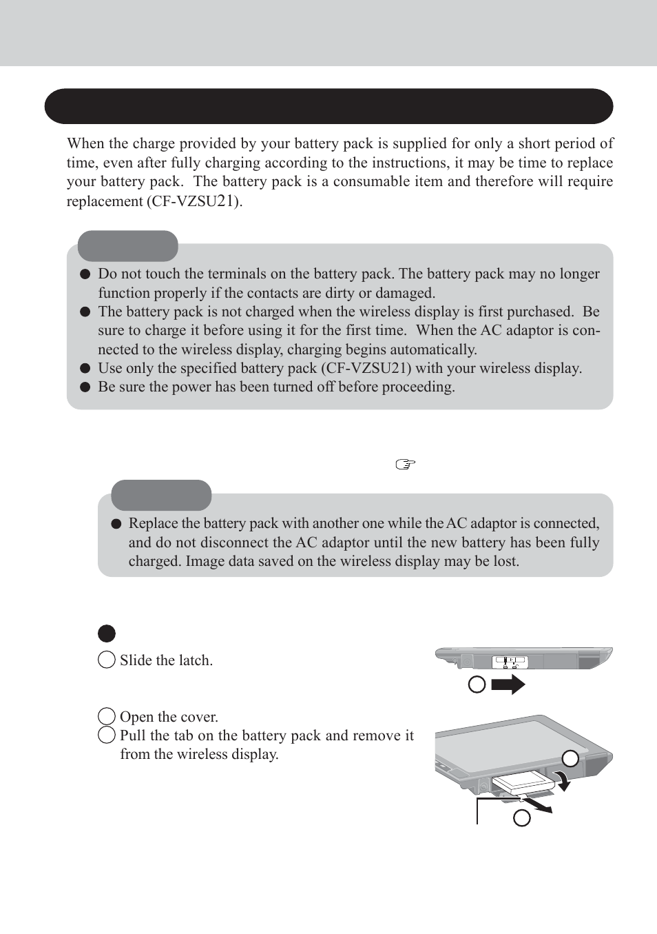Battery power, Replacing the battery pack | Panasonic CF-VDW07CRFM User Manual | Page 20 / 36