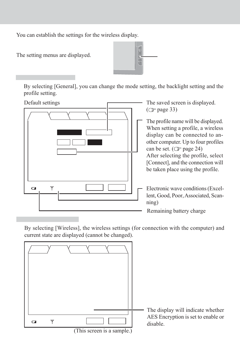 Setting the wireless display, General menu, Wireless menu | Press menu button | Panasonic CF-VDW07CRFM User Manual | Page 22 / 36