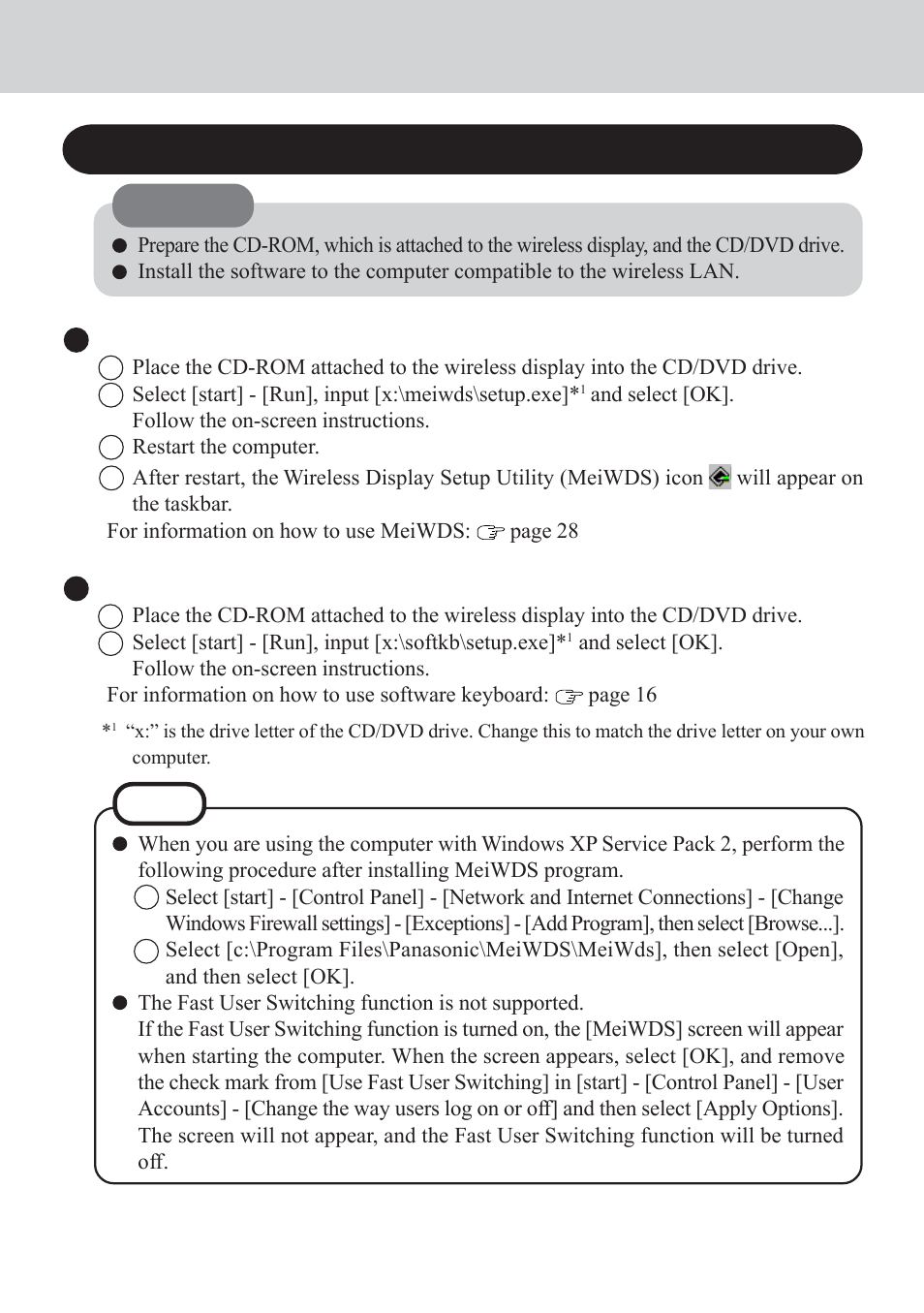 First-time operation, Install meiwds program/software keyboard, Install meiwds program | Install software keyboard | Panasonic CF-VDW07CRFM User Manual | Page 8 / 36