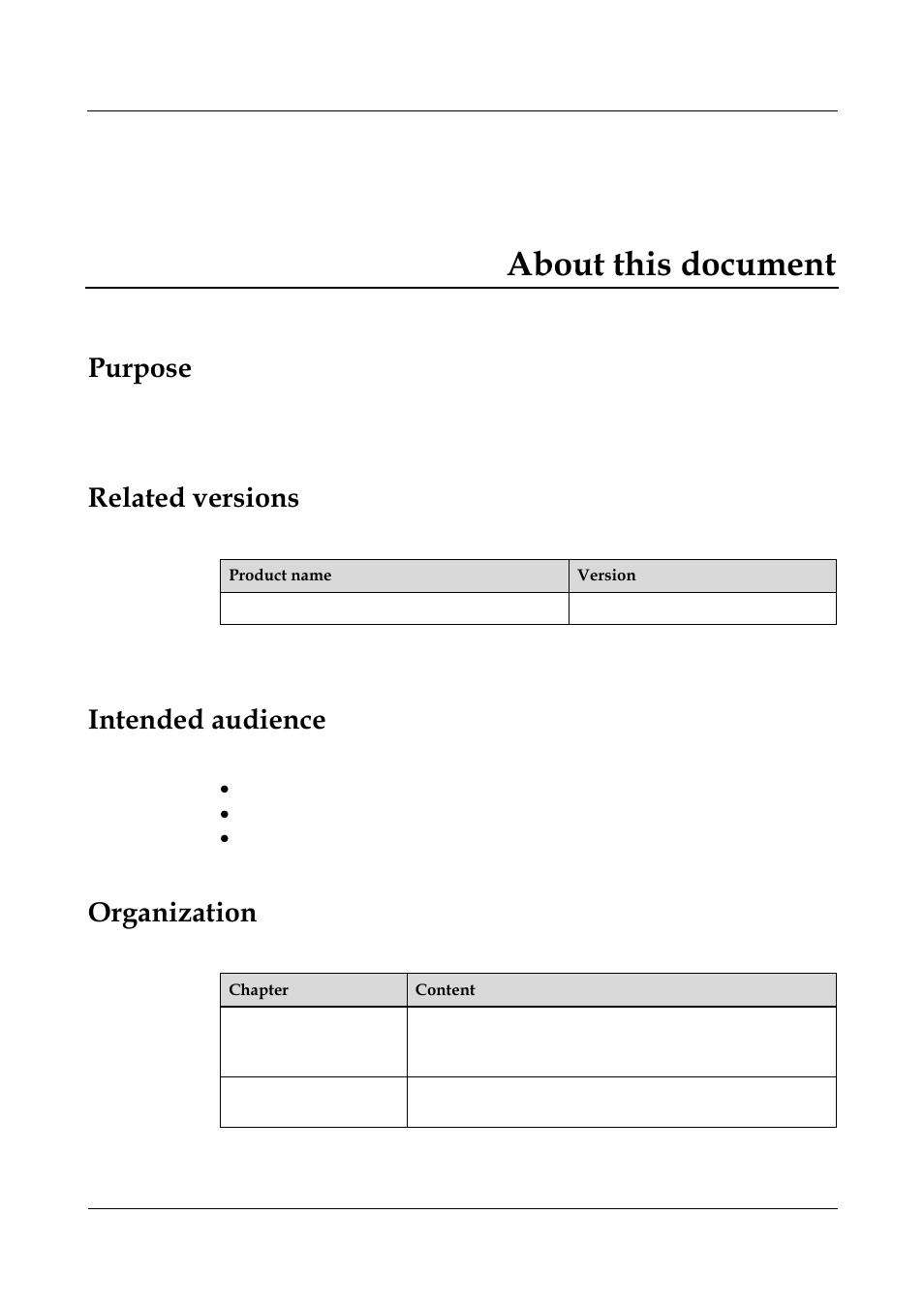 About this document, Purpose, Related versions | Intended audience, Organization | Panasonic NN46240-502 User Manual | Page 12 / 84