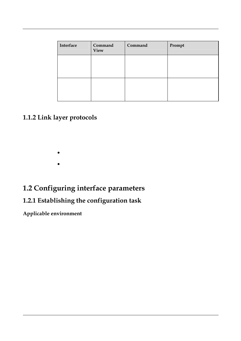 2 configuring interface parameters, 2 link layer protocols, 1 establishing the configuration task | Applicable environment | Panasonic NN46240-502 User Manual | Page 22 / 84