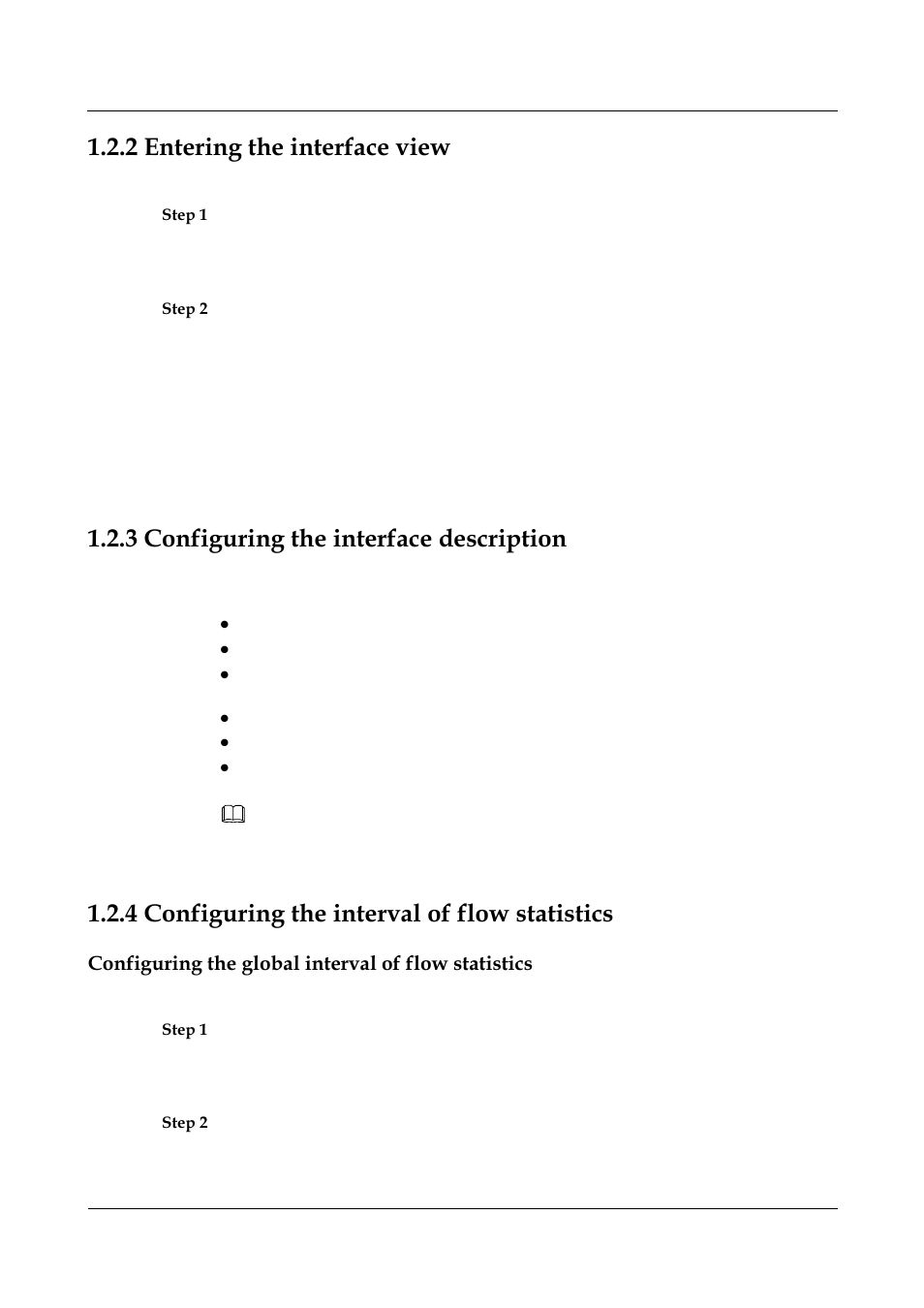 2 entering the interface view, 3 configuring the interface description, 4 configuring the interval of flow statistics | 2 entering the interface view -5, 3 configuring the interface description -5, 4 configuring the interval of flow statistics -5, Entering the interface view, Configuring the interface description, Configuring the interval of flow statistics, Configuring the global interval of flow statistics | Panasonic NN46240-502 User Manual | Page 24 / 84