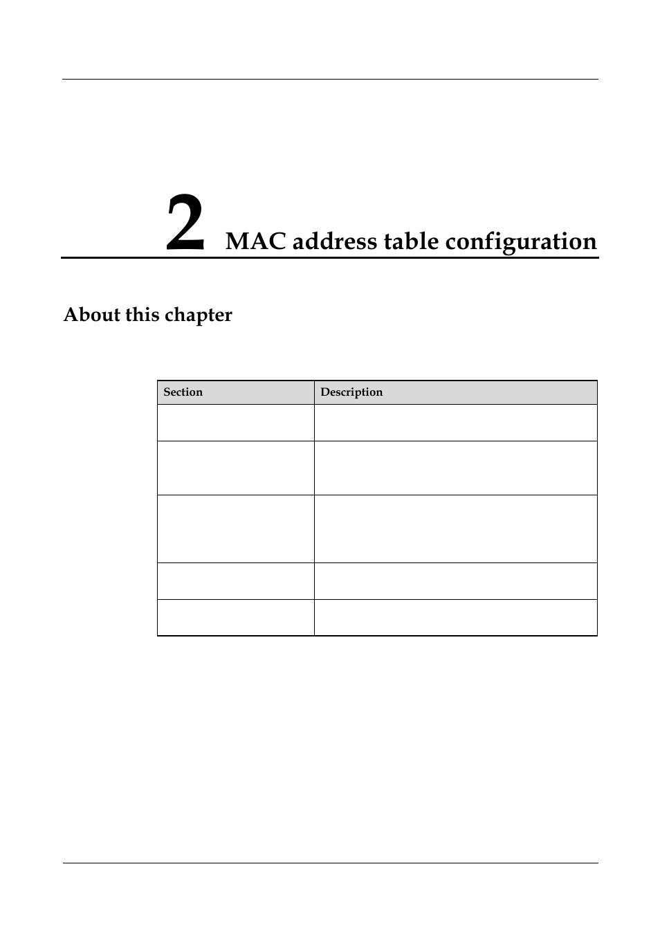 Mac address table configuration, 2 mac address table configuration -1, About this chapter | Panasonic NN46240-502 User Manual | Page 30 / 84