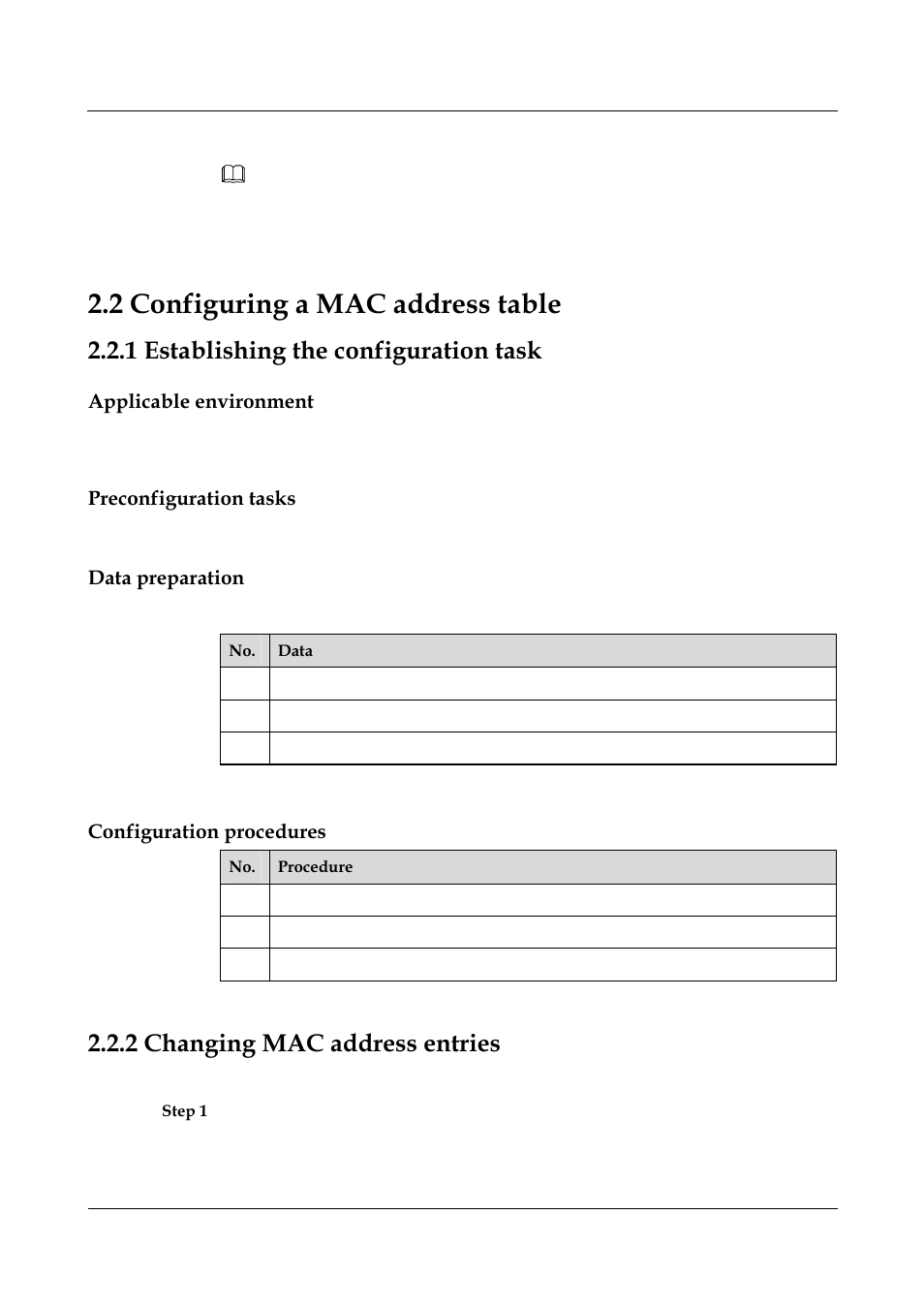 1 establishing the configuration task, 2 changing mac address entries, 2 classification of mac address entries -2 | 1 establishing the configuration task -5, 1 introducti, 2 configuring a mac address table, Applicable environment, Preconfiguration tasks, Data preparation, Configuration procedures | Panasonic NN46240-502 User Manual | Page 32 / 84