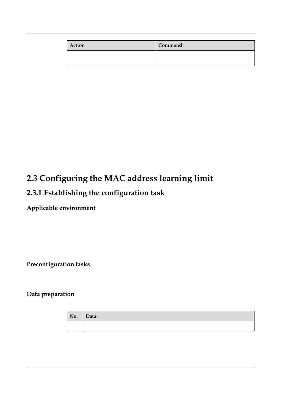 1 establishing the configuration task, Data, 1 establishing the configuration task -3 | 2 configuring a mac, Address table, 3 configuring the mac address learning limit, Applicable environment, Preconfiguration tasks, Data preparation | Panasonic NN46240-502 User Manual | Page 34 / 84