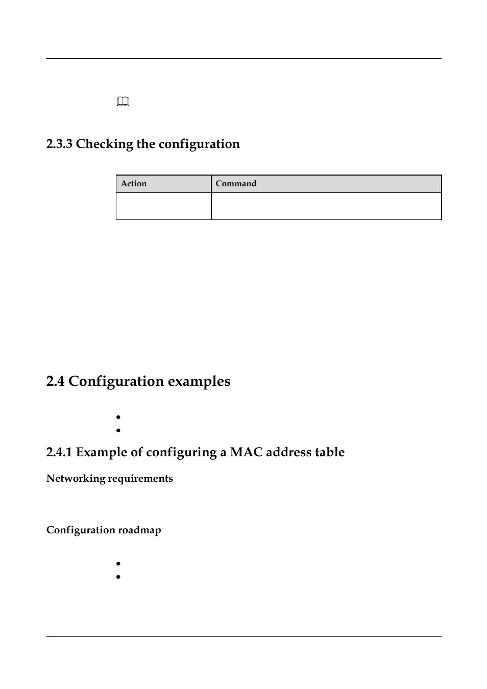 3 checking the configuration, 1 example of configuring a mac address table, 2 configuring a mac address table -3 | 3 checking the configuration -7, 4 configuration examples, Networking requirements, Configuration roadmap | Panasonic NN46240-502 User Manual | Page 36 / 84