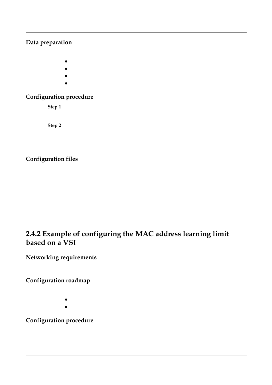 See “example of configuring a mac address table, Data preparation, Configuration procedure | Configuration files, Networking requirements, Configuration roadmap | Panasonic NN46240-502 User Manual | Page 37 / 84