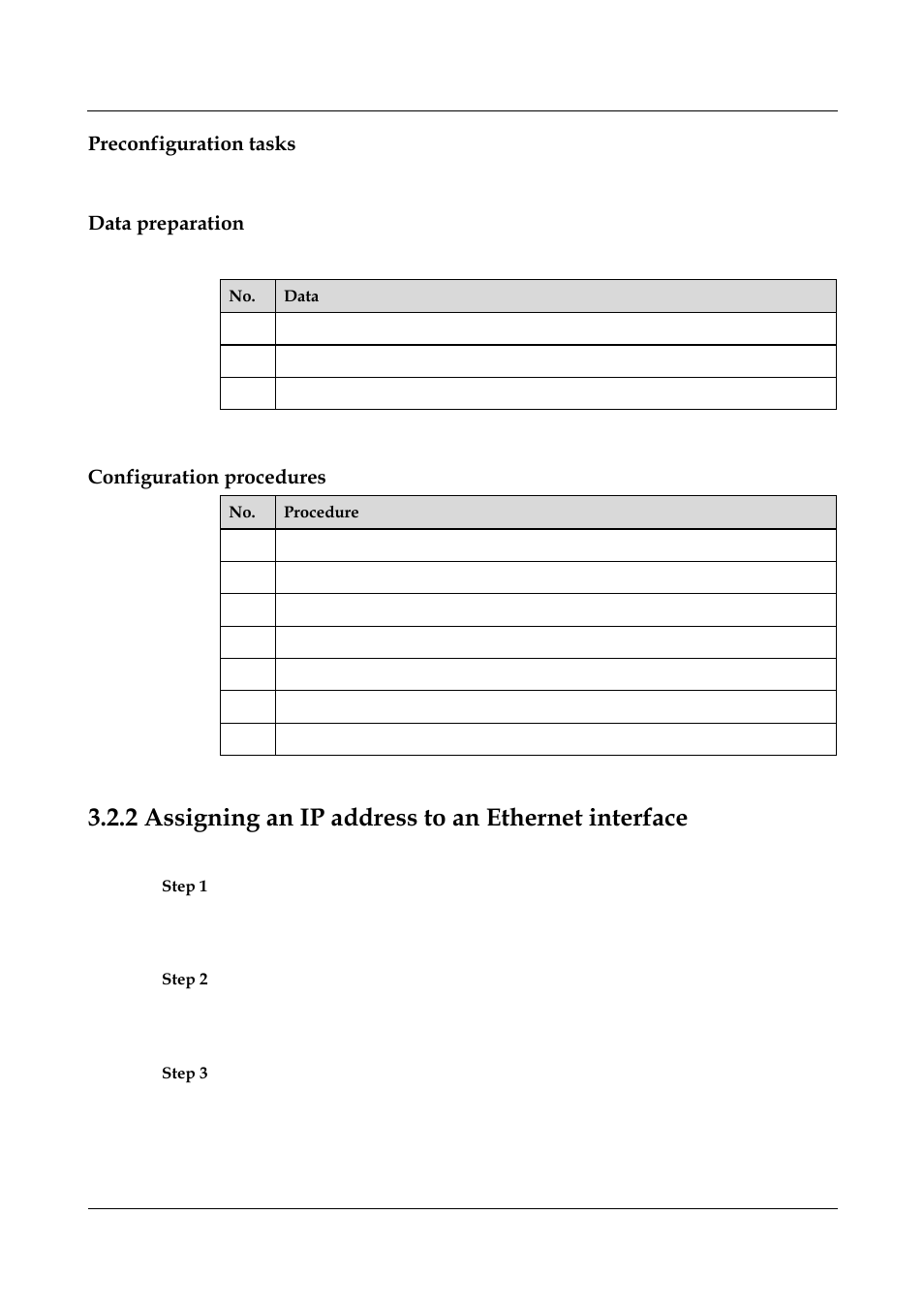 2 assigning an ip address to an ethernet interface, Preconfiguration tasks, Data preparation | Configuration procedures | Panasonic NN46240-502 User Manual | Page 46 / 84