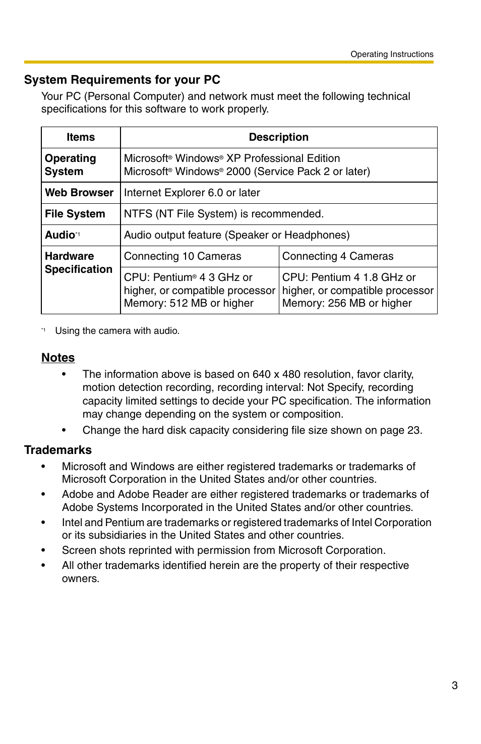 System requirements for your pc, Trademarks | Panasonic BB-HNP11A User Manual | Page 3 / 100